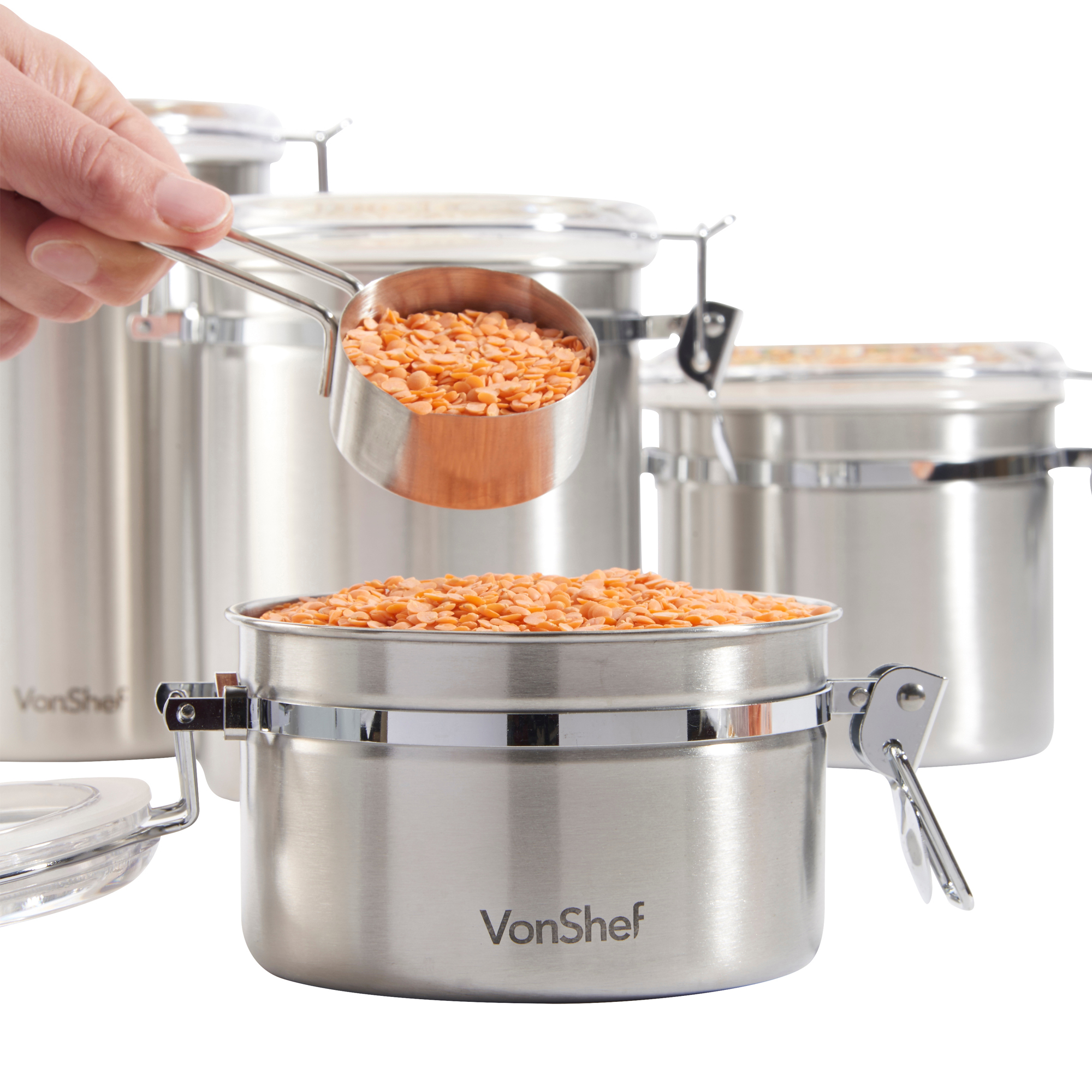VonShef Set of 4 Food Storage Canisters Stainless Steel with Clip Air Tight Lids 5060147558906