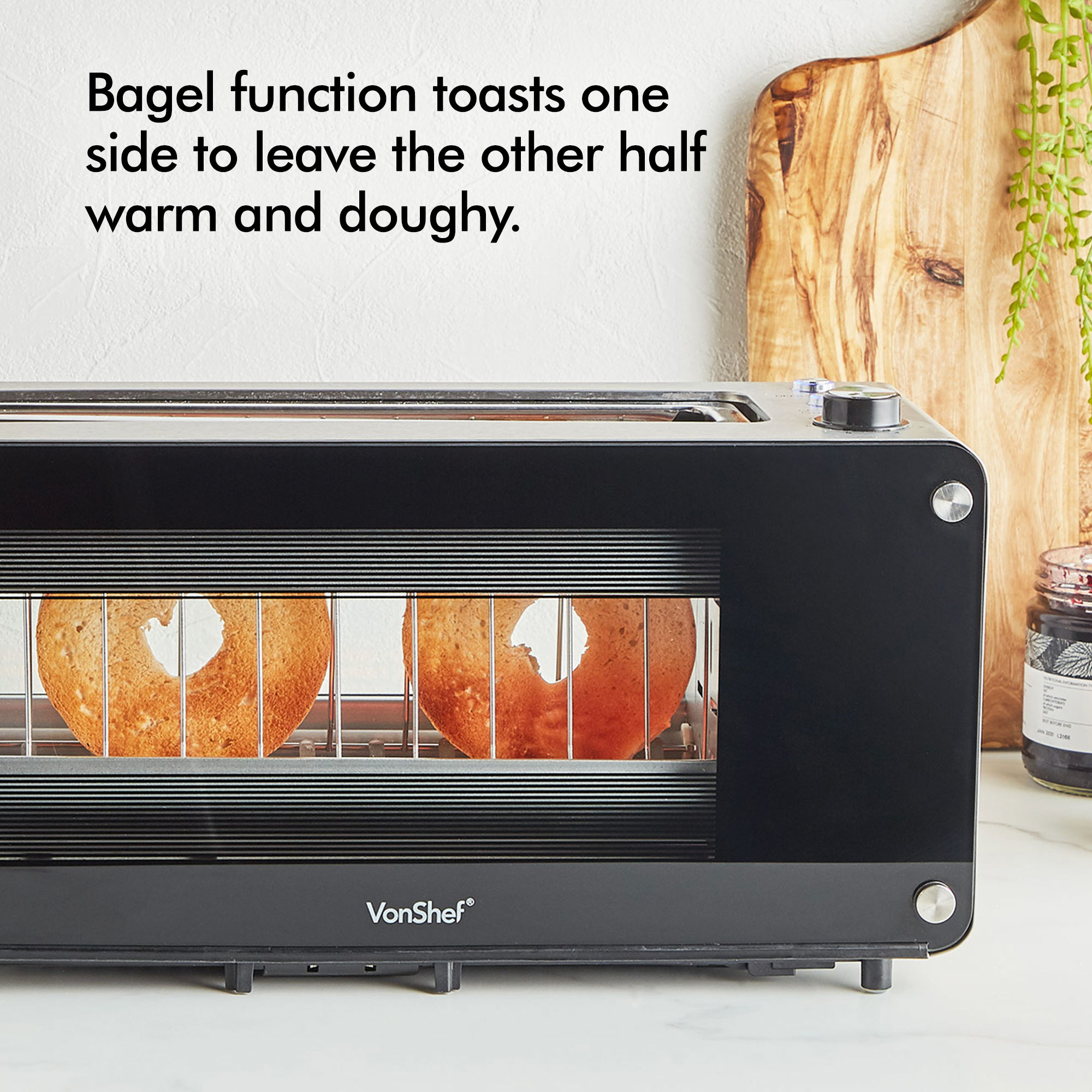 VonShef Glass Toaster 2 Slice Wide Slot Bagel Toast Electric Browning