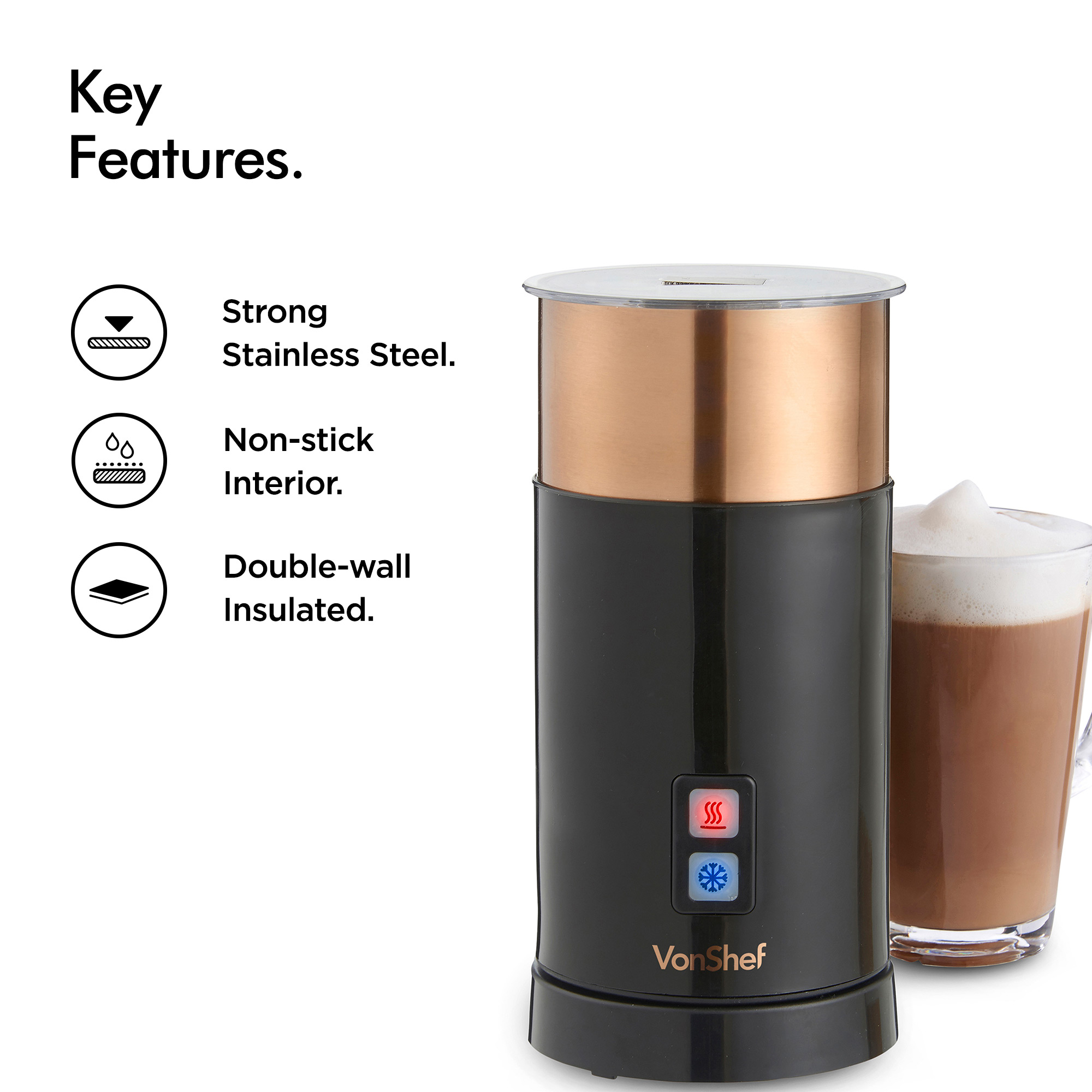 VonShef Milk Frother Electric Black Copper Double Wall Whisk Heater