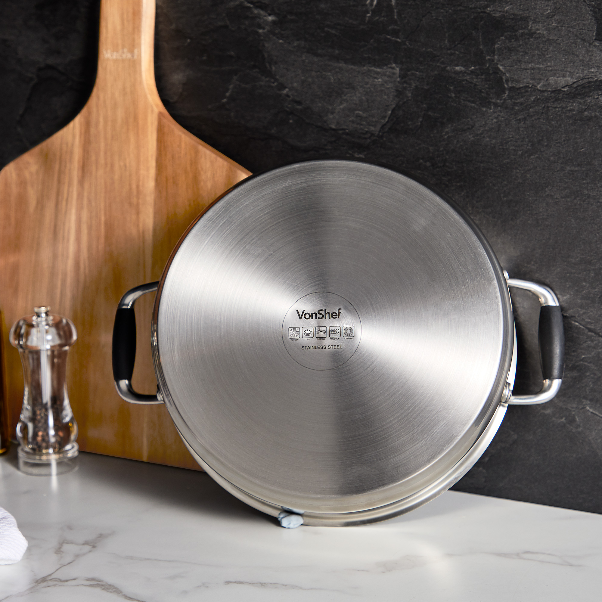 VonShef 28cm Shallow Casserole Dish Stainless Steel Pan Stock Pot Glass