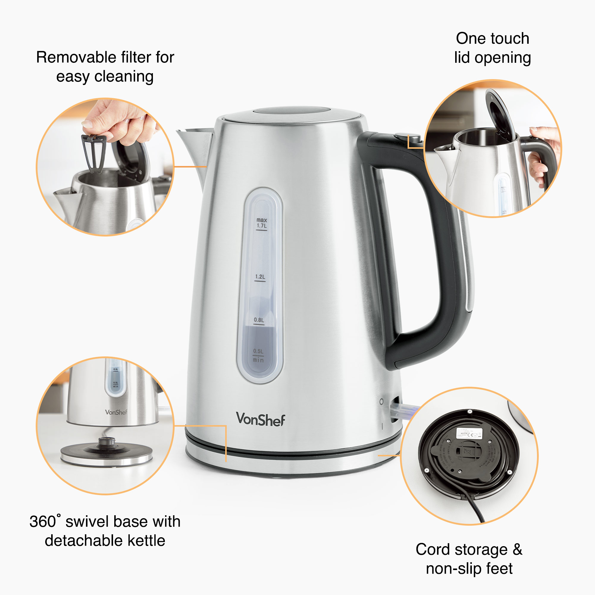VonShef Kettle 1.7L Electric Stainless Steel Cordless Rapid Fast Boil