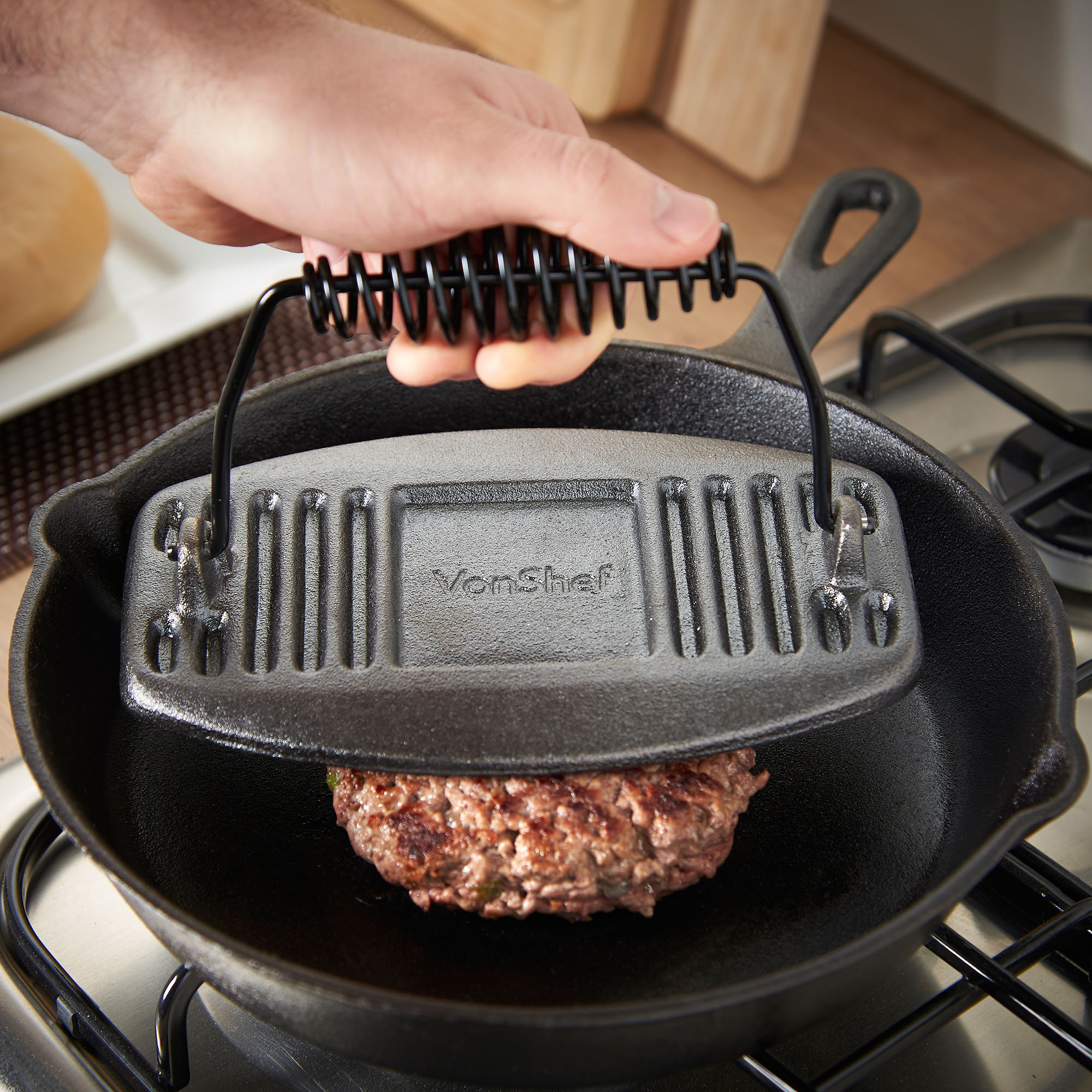 VonShef Black Preseasoned Cast Iron Flat Meat Grill Press