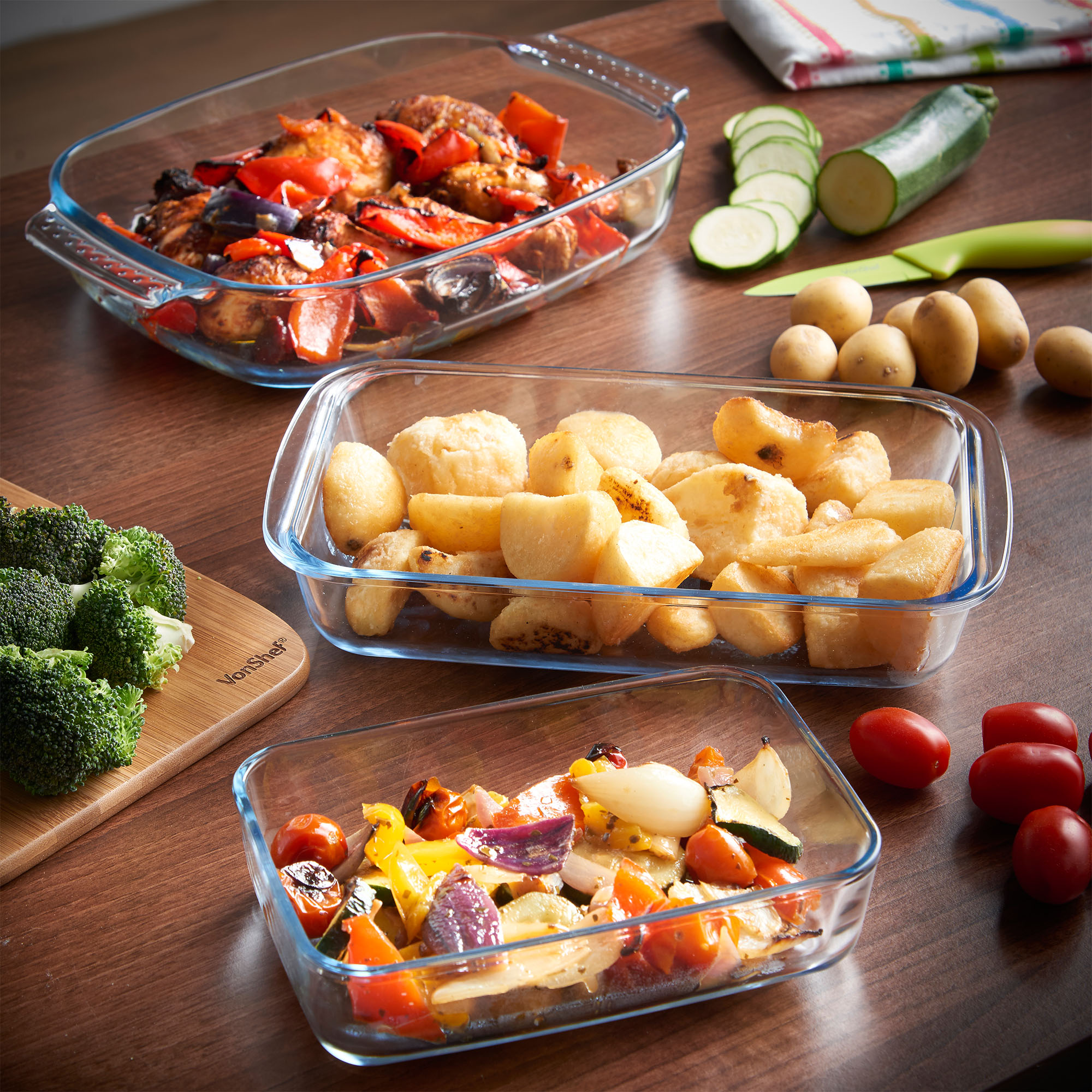 VonShef 3 Piece Glass Oven Roasting Baking Casserole Lasagne Dish Tray