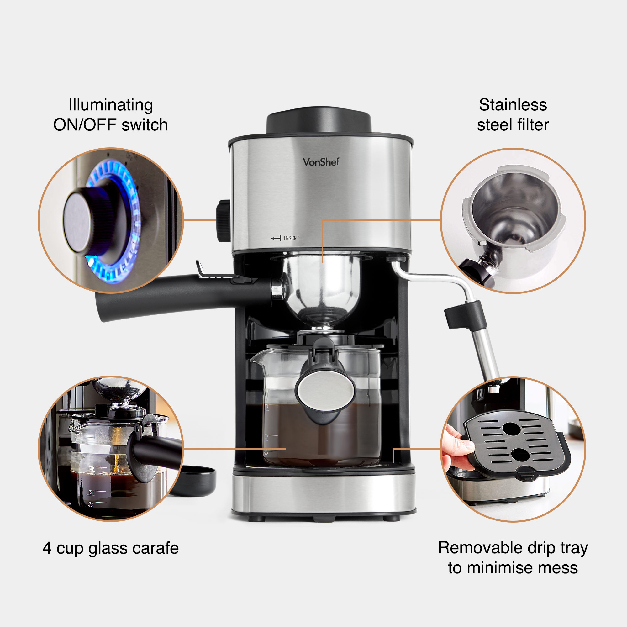 VonShef 4 Bar Coffee Maker Machine Espresso Latte Cappuccino Stainless ...