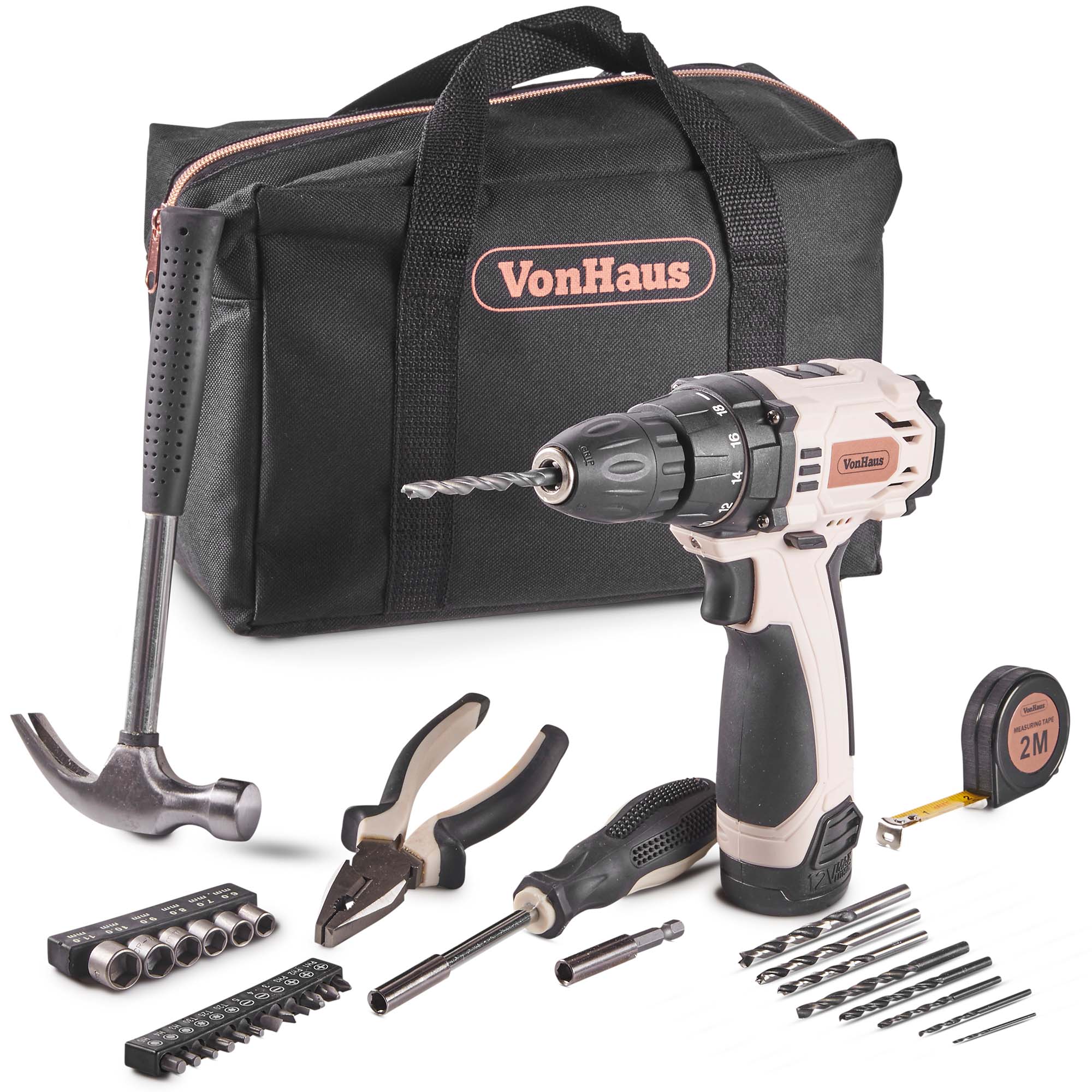 VonHaus Cordless Drill Starter Kit Rose Gold 32 Piece Tool Set