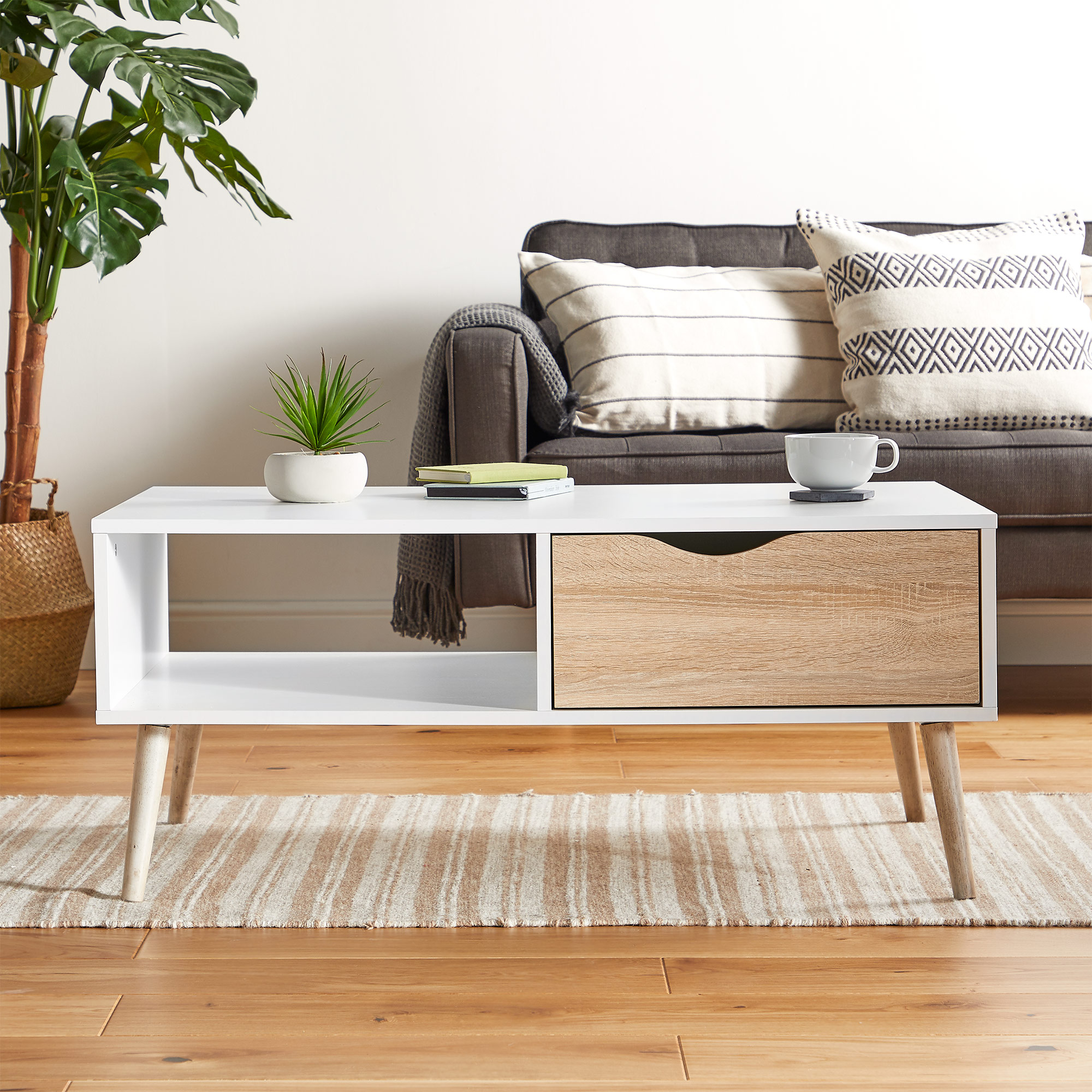 VonHaus Coffee Table with Drawer - Scandinavian Nordic Style - White and Light Oak Effect with Tappered Legs