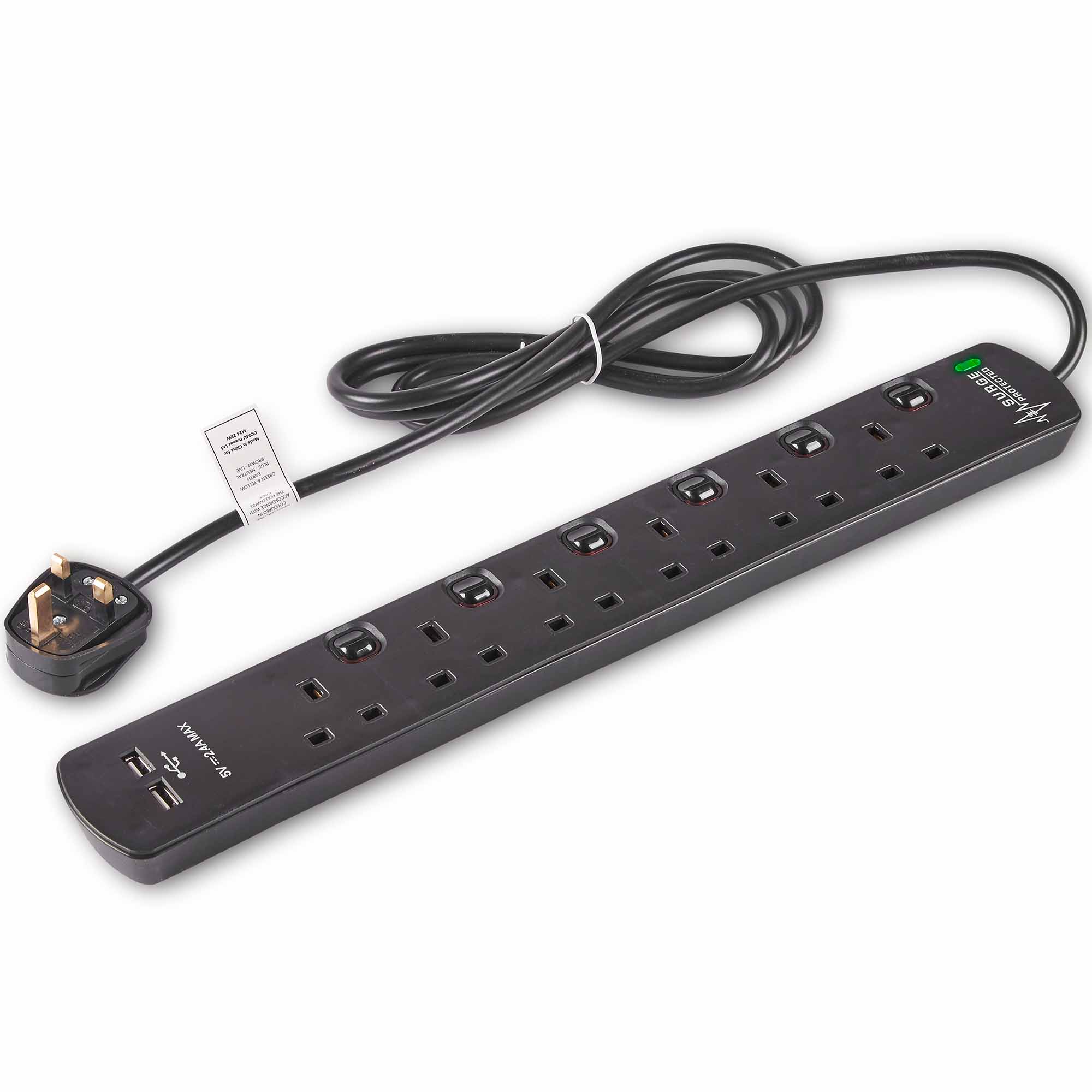 VonHaus 6 Gang + 2 USB Socket Extension Lead With LED Indicator & Surge Protection