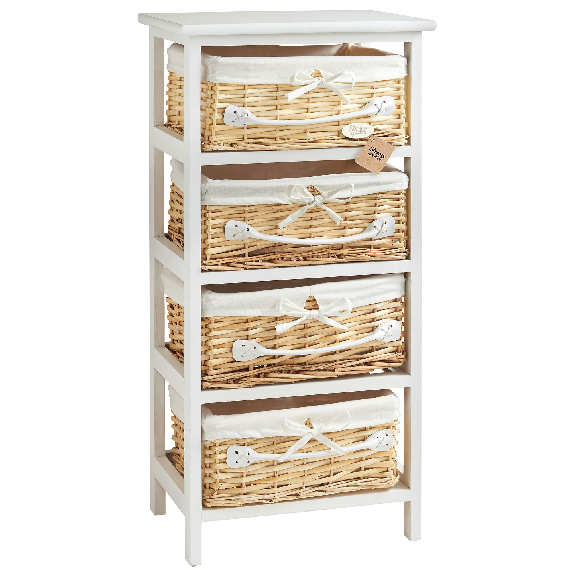 Vonhaus 4 Drawer Wicker Basket Wood Storage Unit Bedroom Cabinet