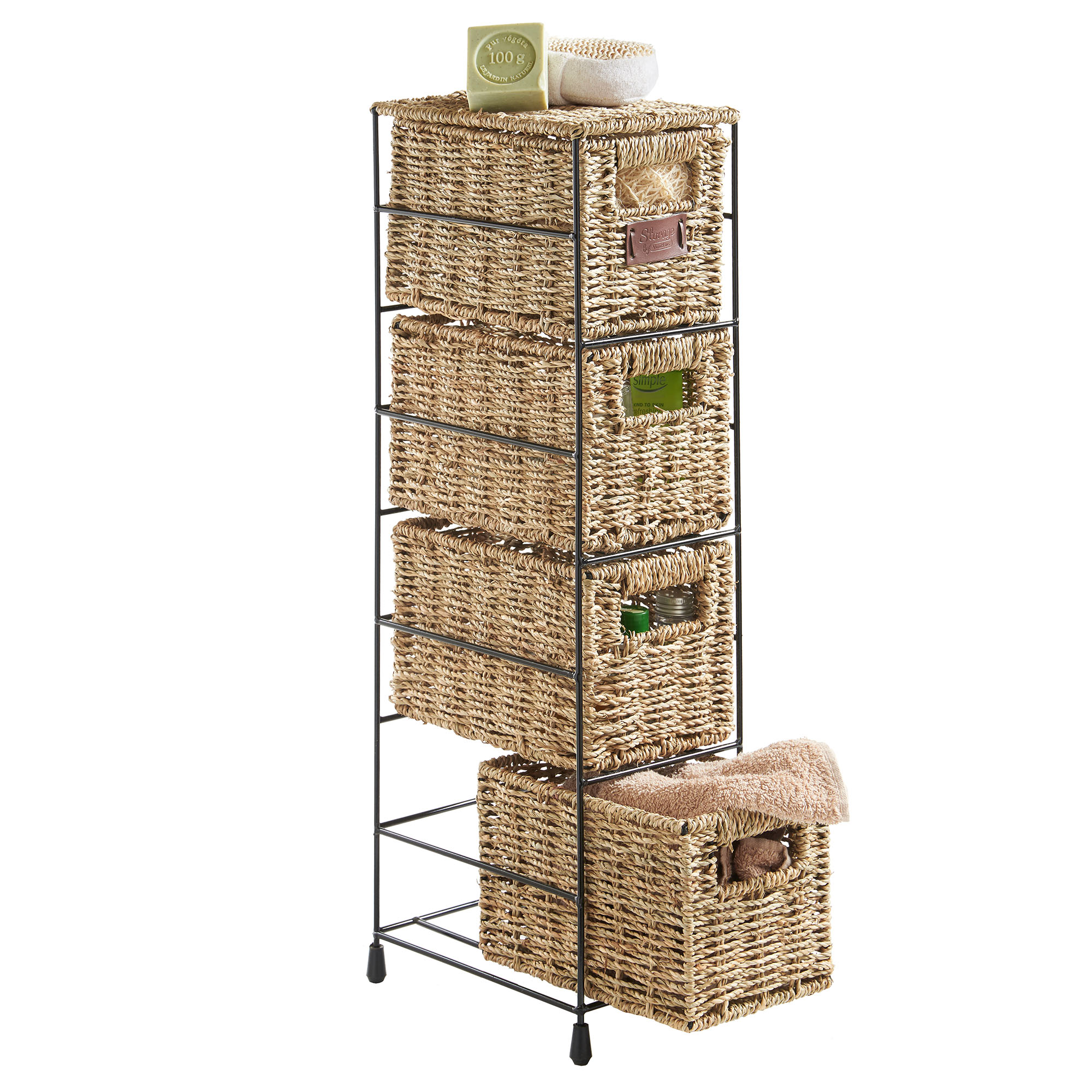 Vonhaus 4 Tier Seagrass Wicker Basket Storage Unit Organiser With