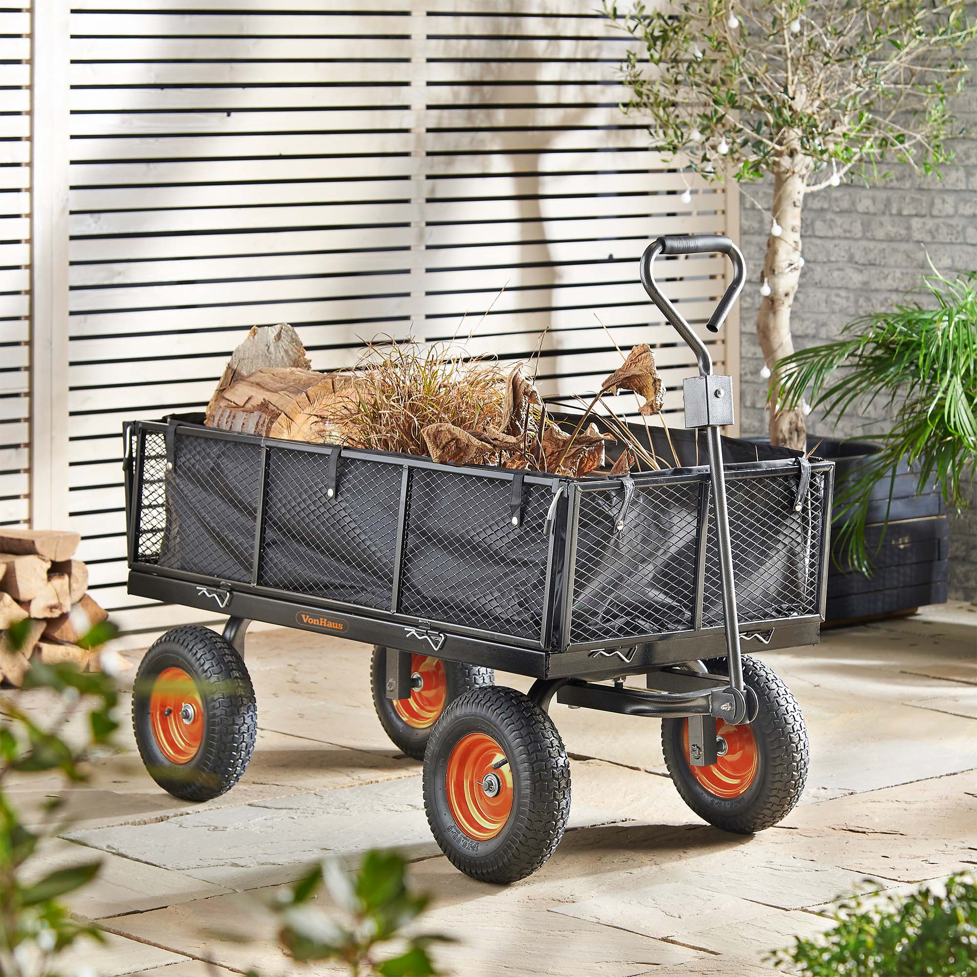 VonHaus 600kg Mesh Garden Cart with Lining Heavy Duty 4 Wheeled