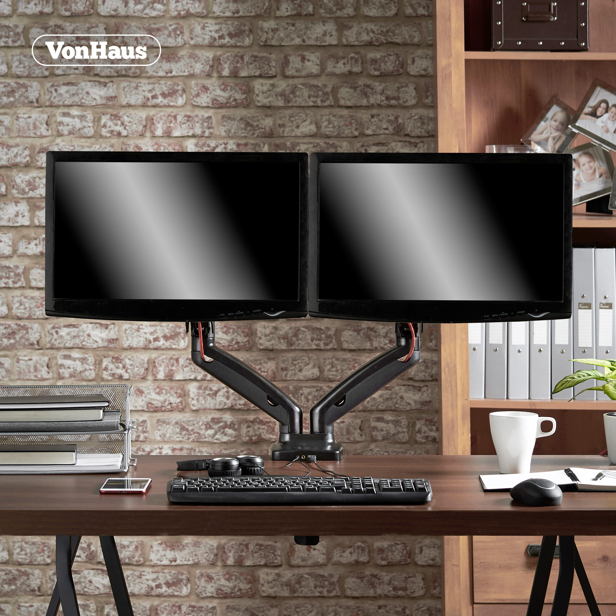 VonHaus Full Motion Dual Monitor Mount Double Arm Desk Clamp for 1327