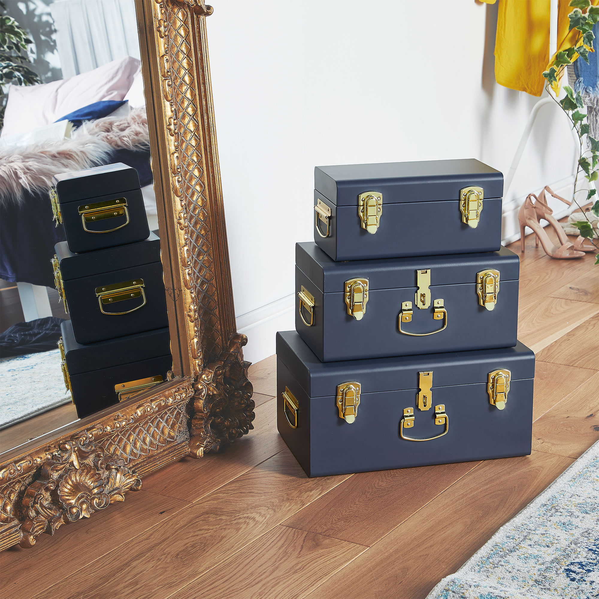Beautify Storage Trunks Set of 3 Navy for Bedroom Living Room Brass