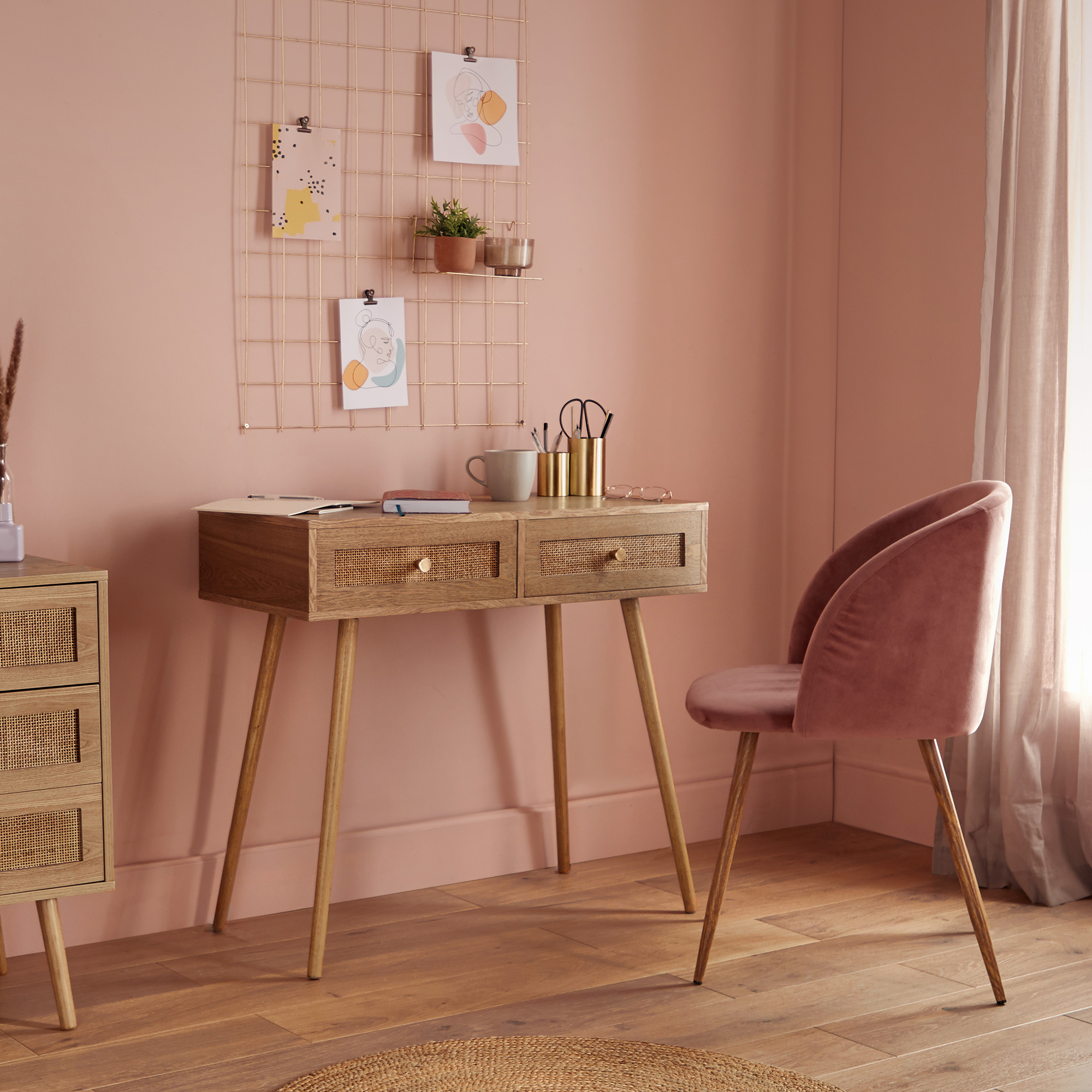 Beautify Rattan Dressing Table 2 Drawer Wooden Dresser Make Up Desk