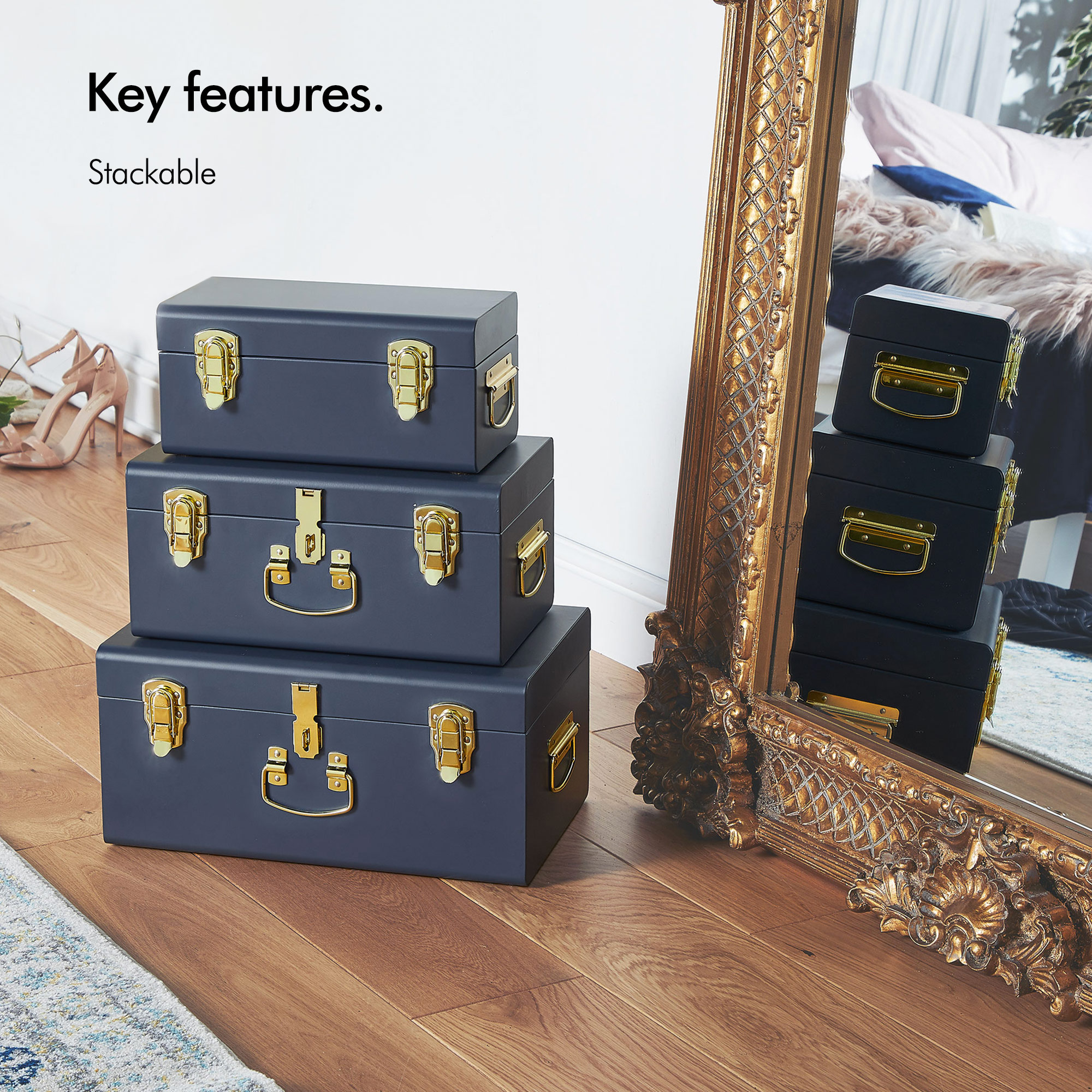 Beautify Storage Trunks Set of 3 Navy for Bedroom Living Room Brass