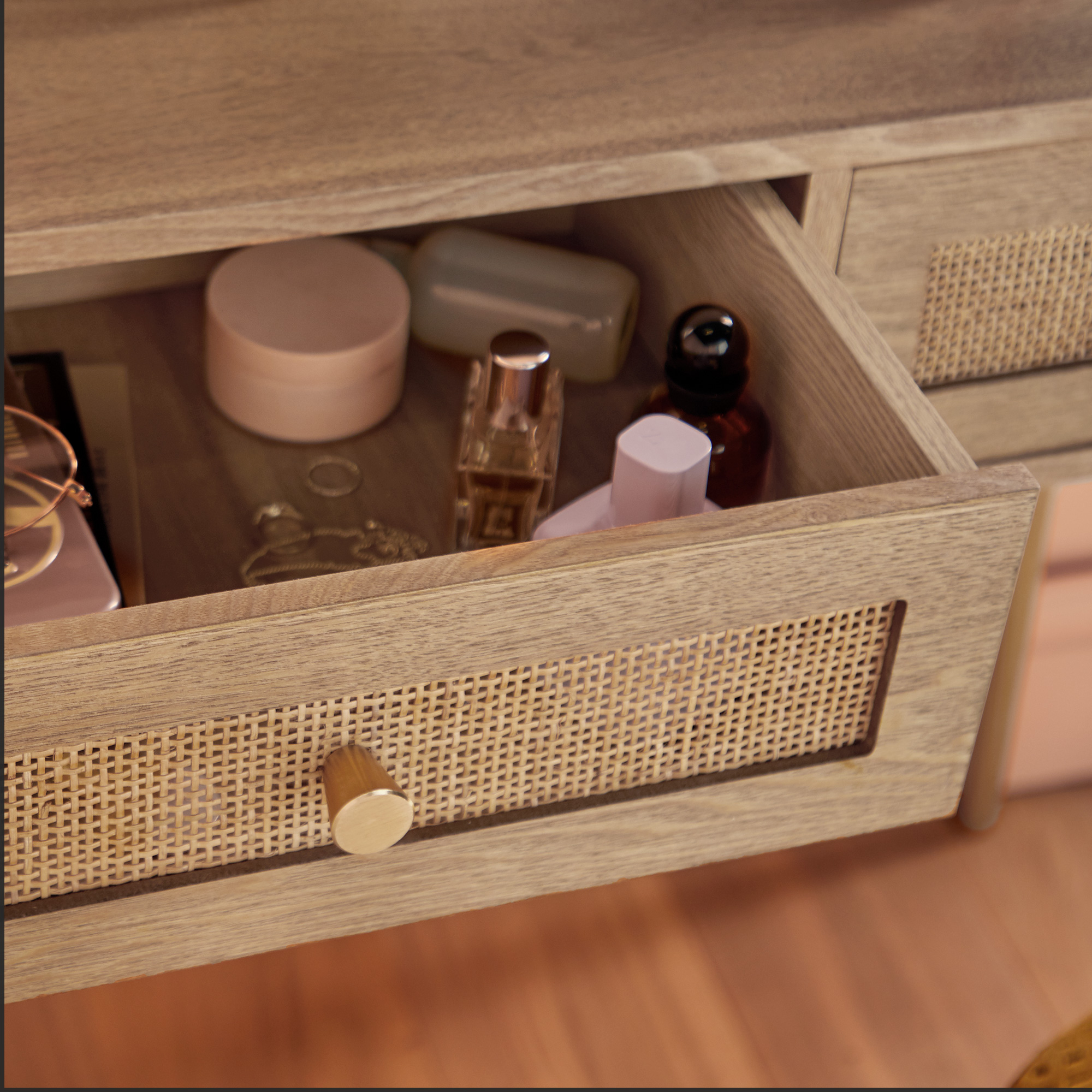 Beautify Rattan Dressing Table 2 Drawer Wooden Dresser Make Up Desk