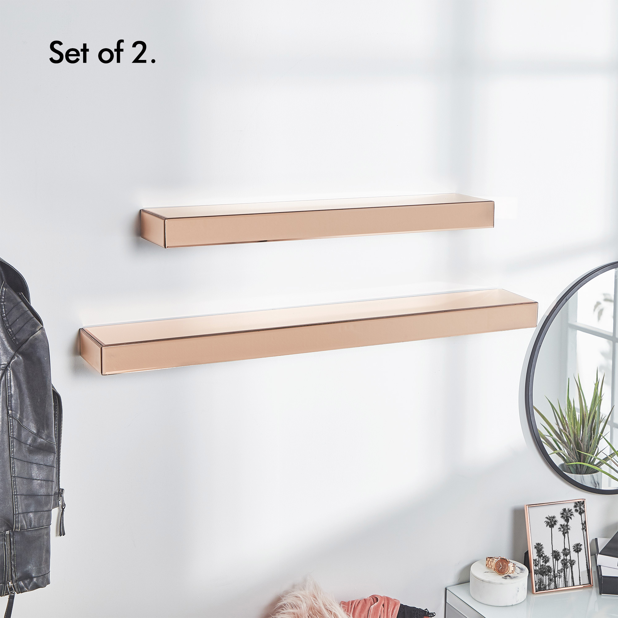 Beautify Set of 2 Rose Gold Mirrored Shelves Floating Display Storage