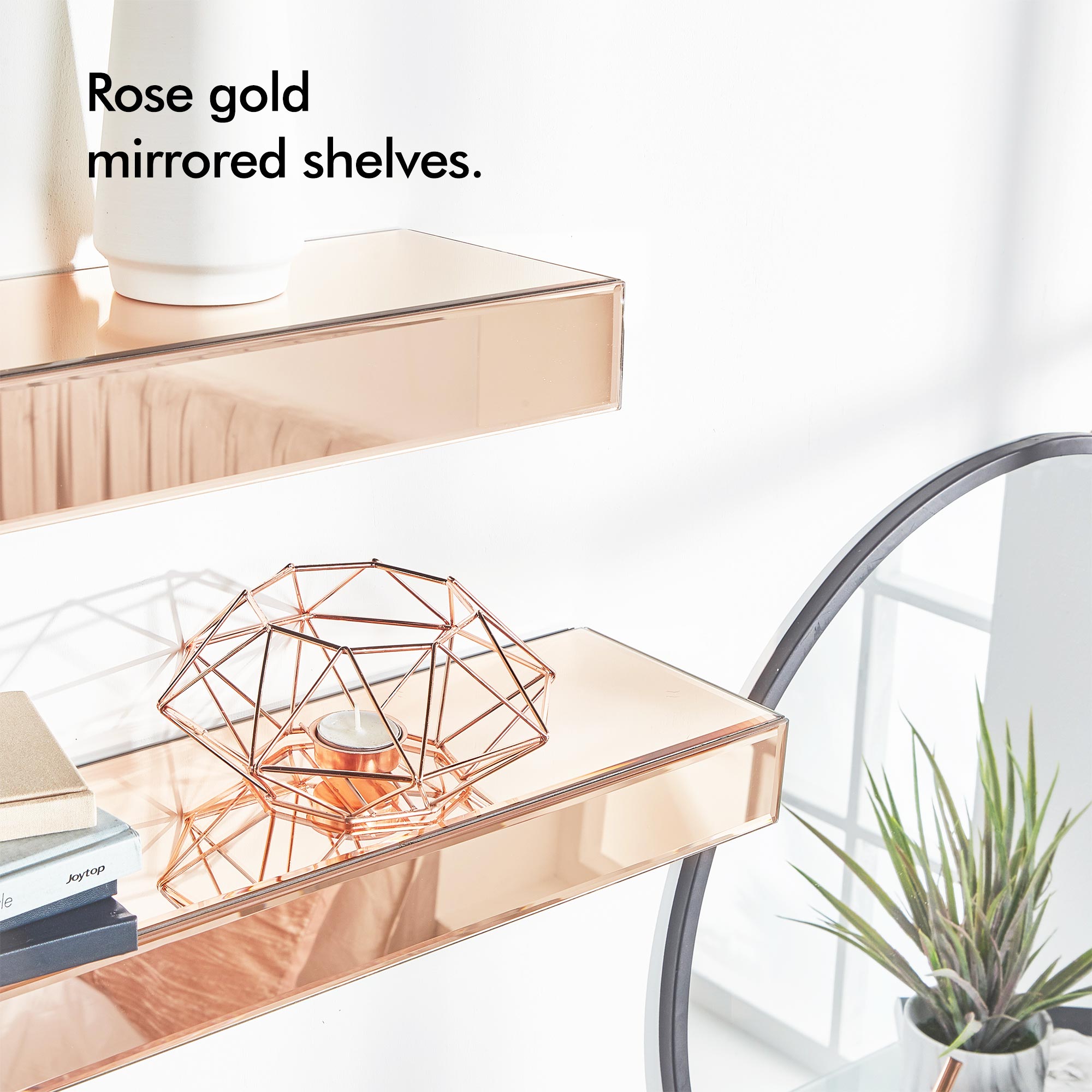 Beautify Set of 2 Rose Gold Mirrored Shelves Floating Display Storage