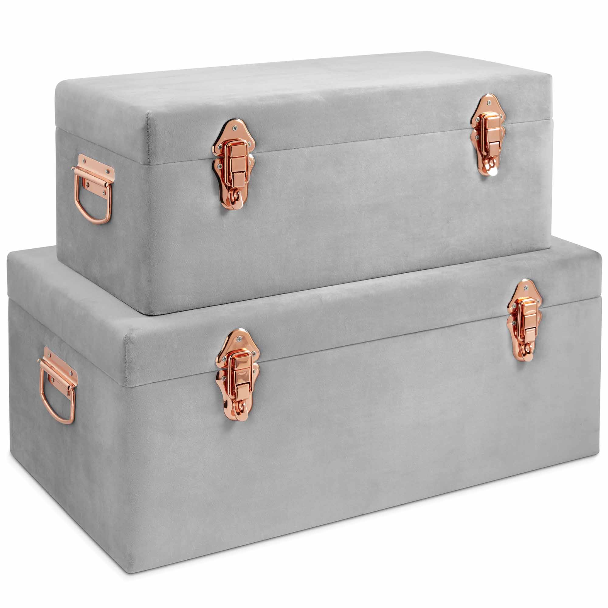 Beautify Storage Trunks Set of 2 Chests Grey Velvet Rose Gold Case Box