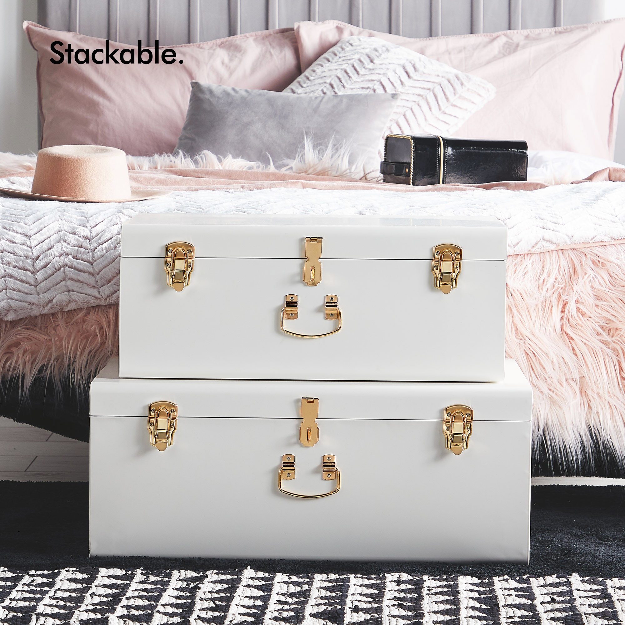 Beautify Extra Large Storage Trunks Box Chest Set of 2 White Bedroom