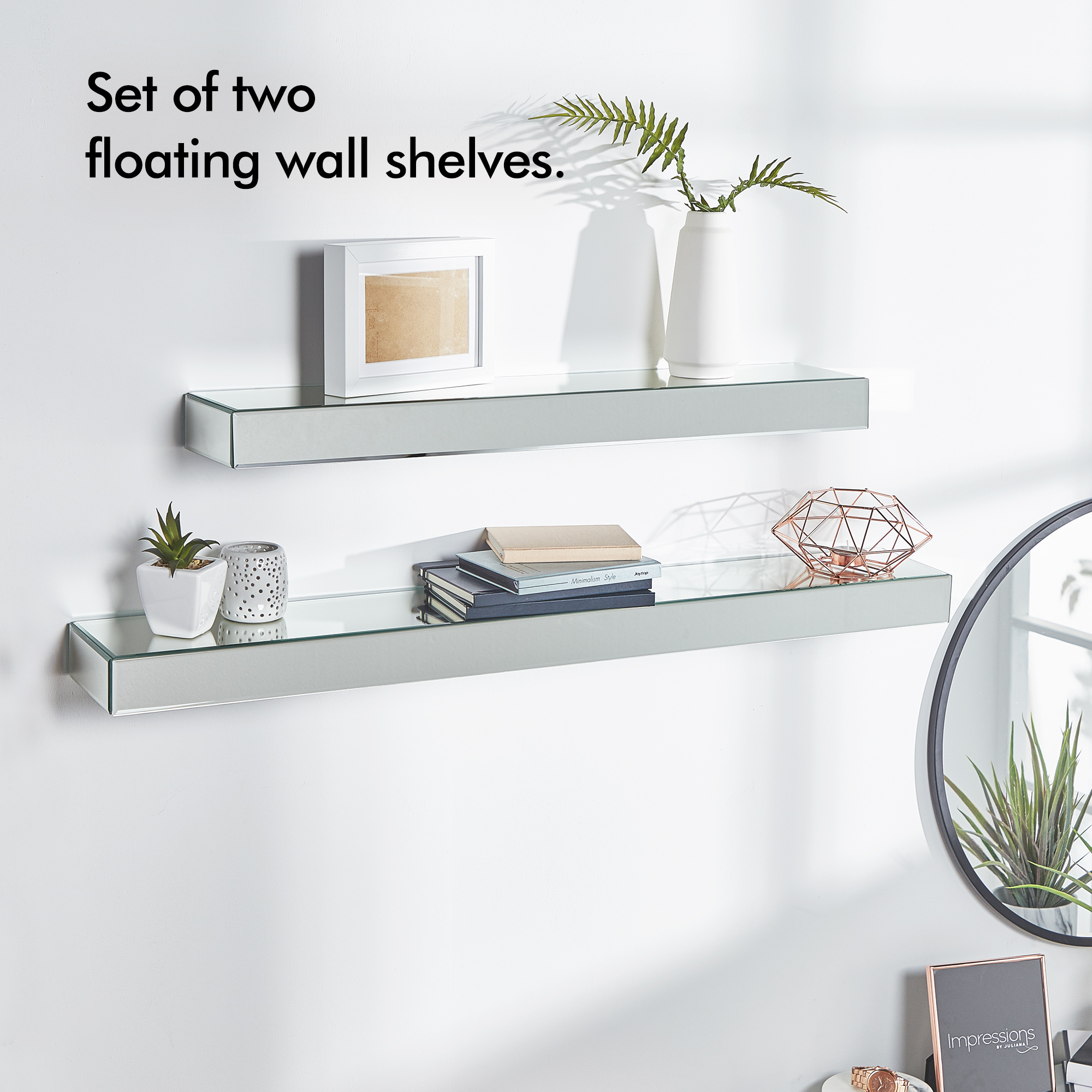 Beautify Set of 2 Rose Gold Mirrored Shelves Floating Display Storage