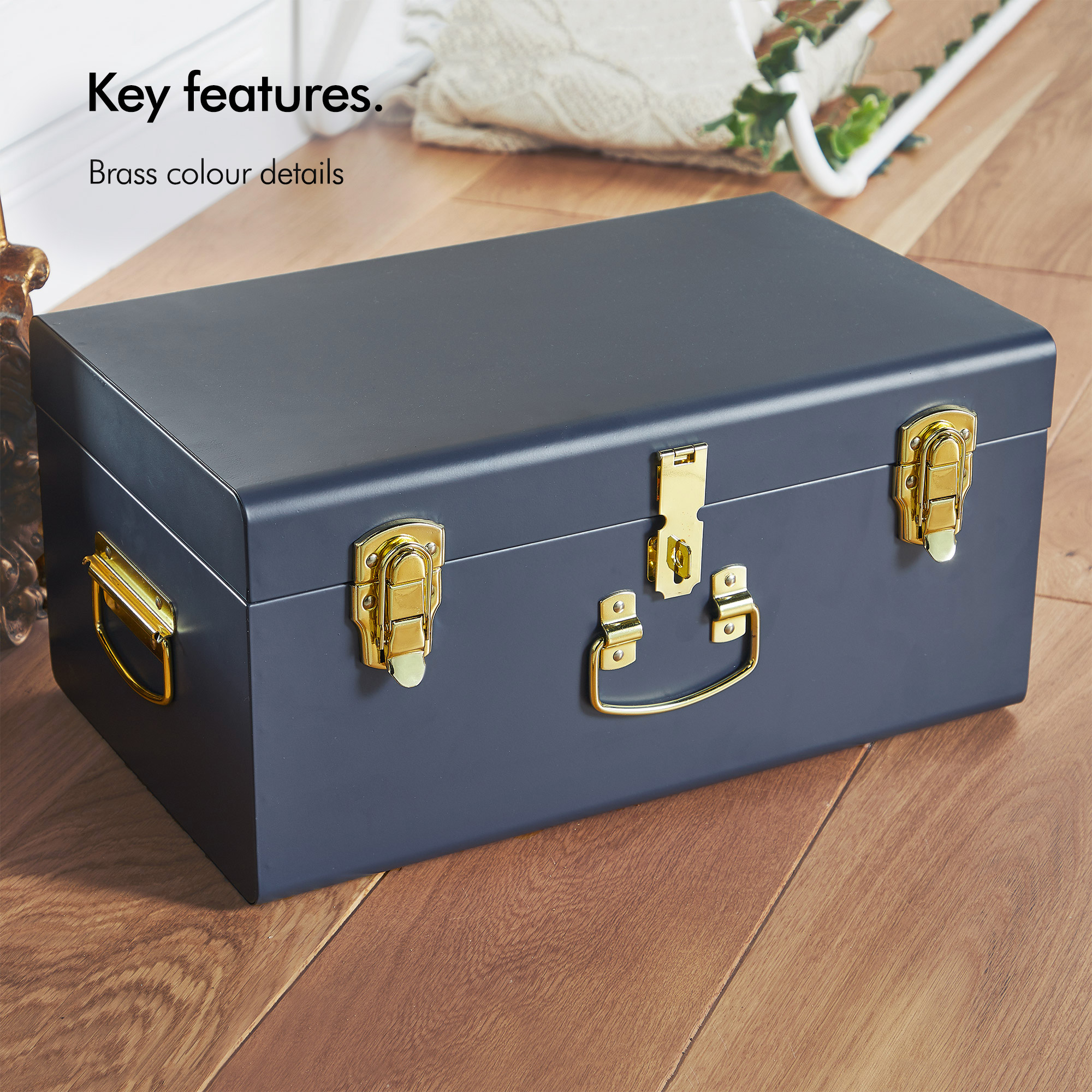 Beautify Storage Trunks Set of 3 Navy for Bedroom Living Room Brass