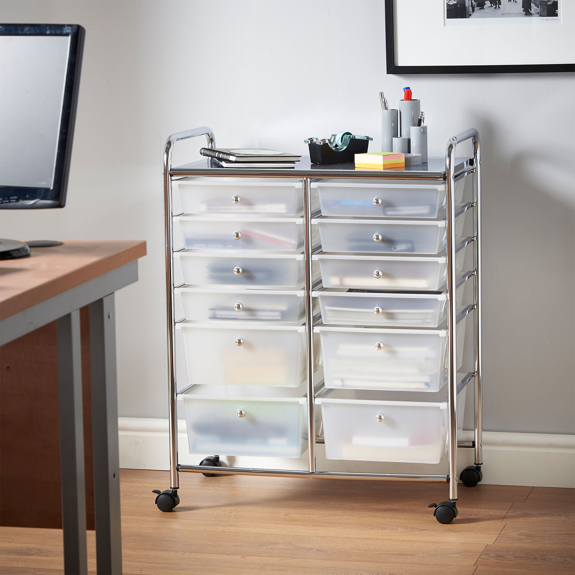 VonHaus White 12 Drawer Organizer Cart with Rolling Wheels Multi ...