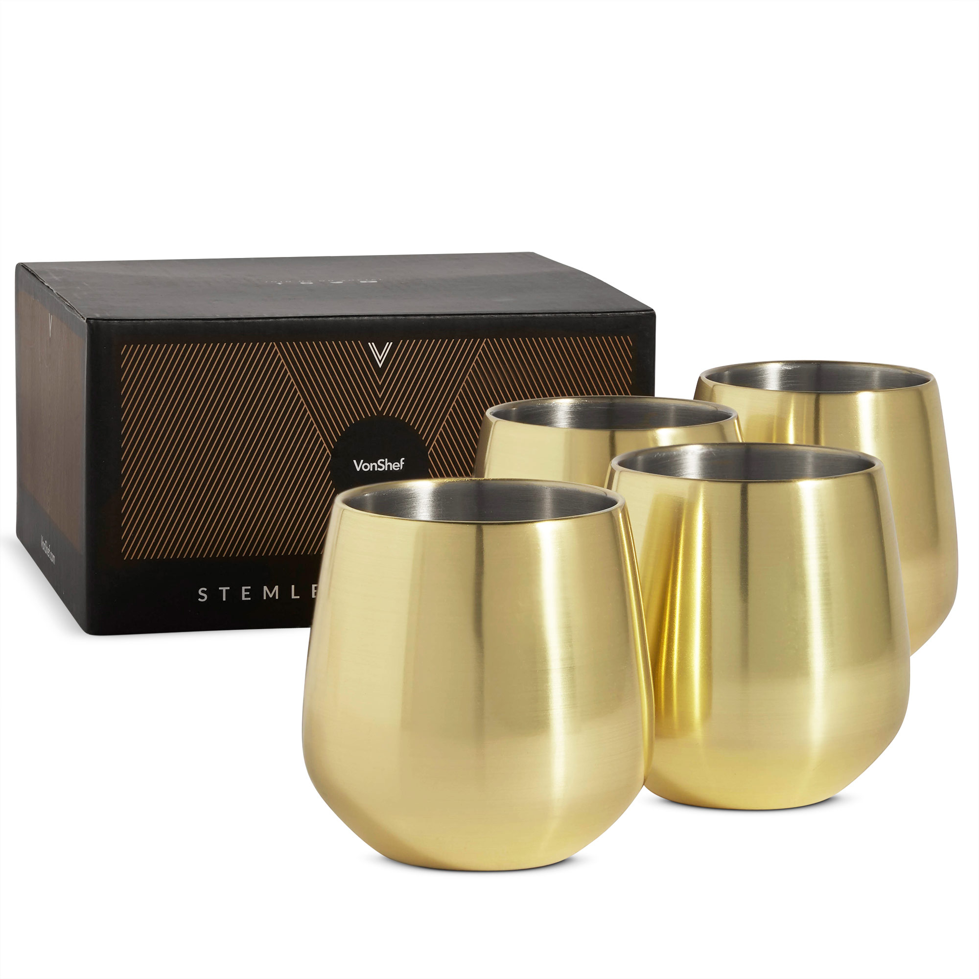 VonShef Set of 4 Gold Stemless Wine Glasses 12oz Stainless Steel with