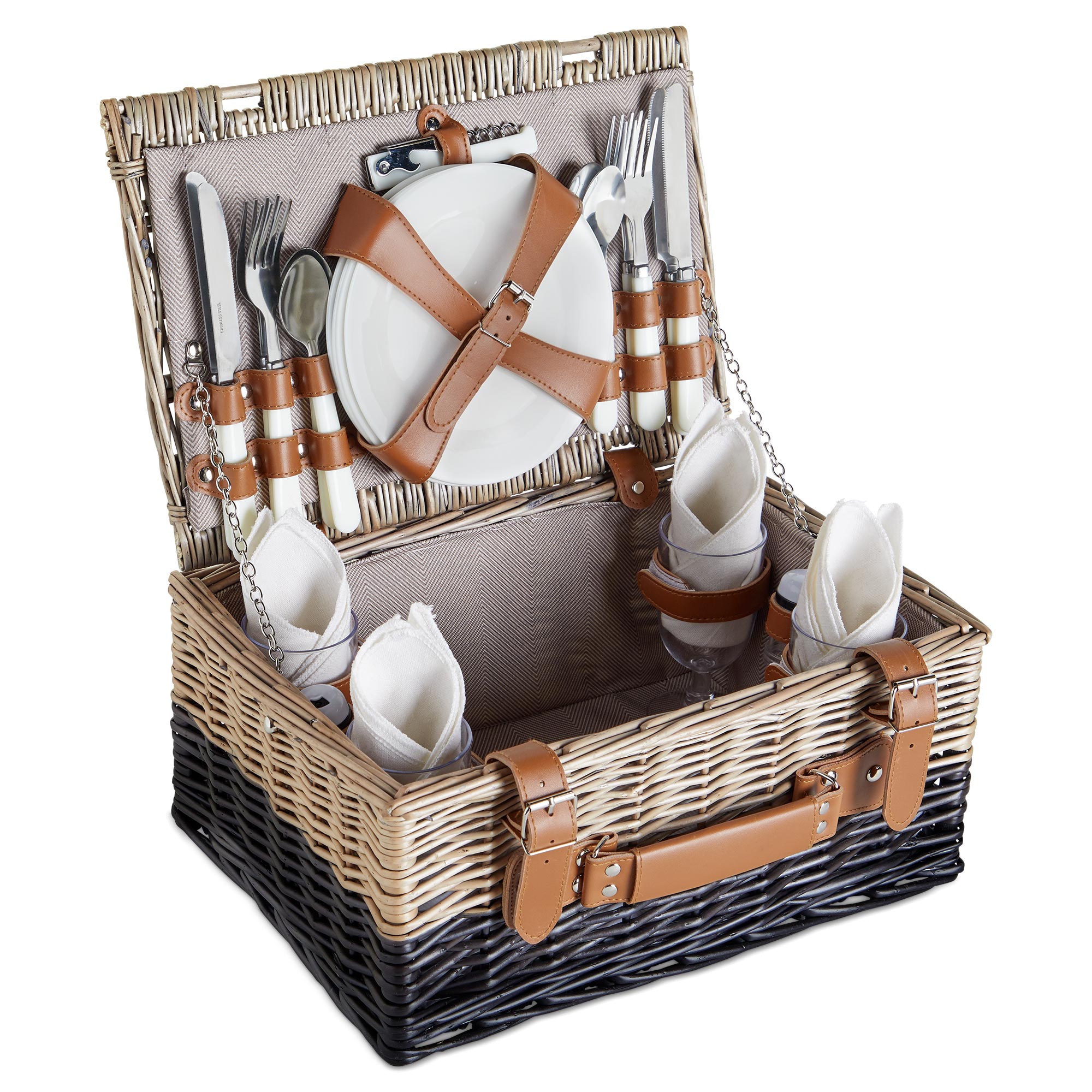 VonShef Picnic Basket for 4 Wicker Two Toned Picnic Set Stainless Steel ...