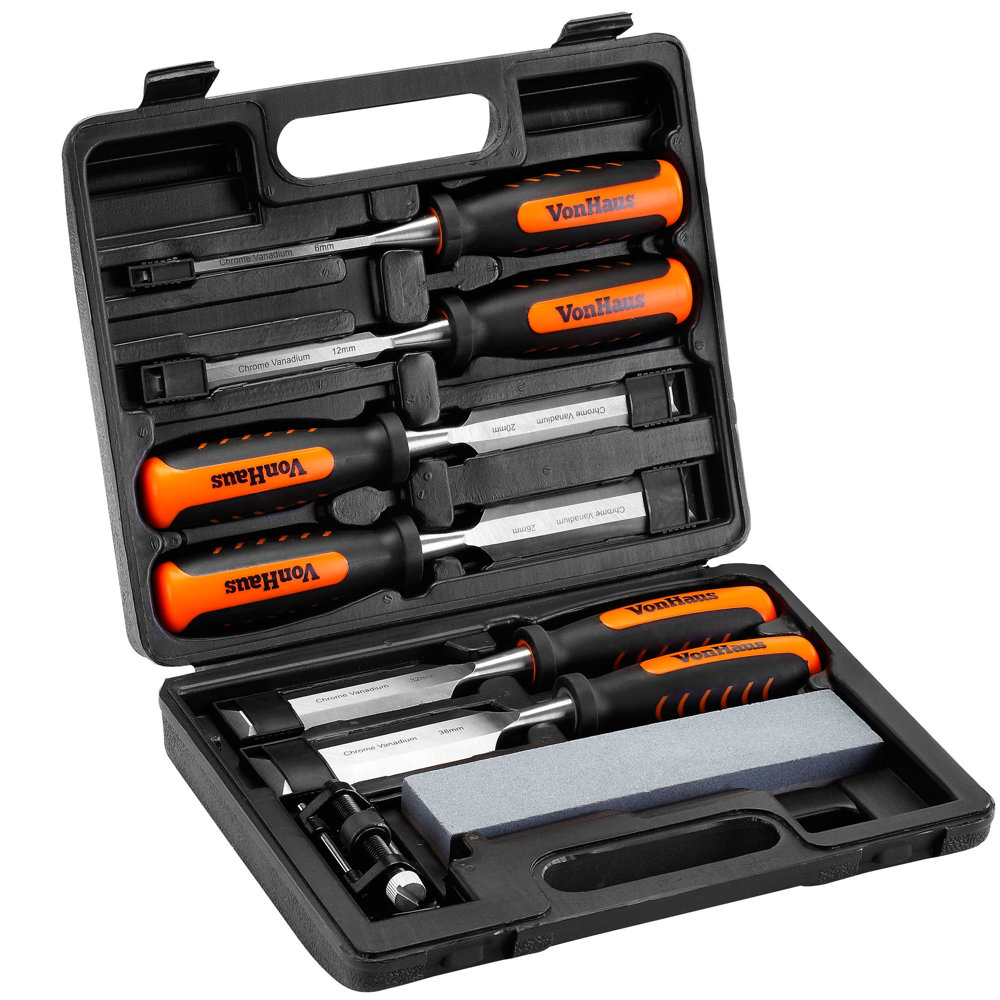 VonHaus 8 Piece Wood Chisel Set with Honing Guide, Sharpening Stone