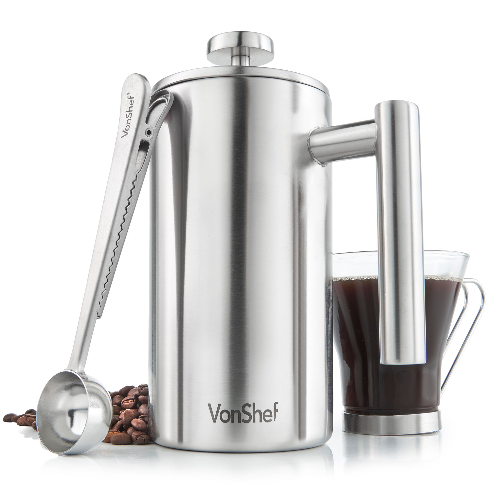 VonShef 6 Cup French Press Double Walled Stainless Steel Cafetiere