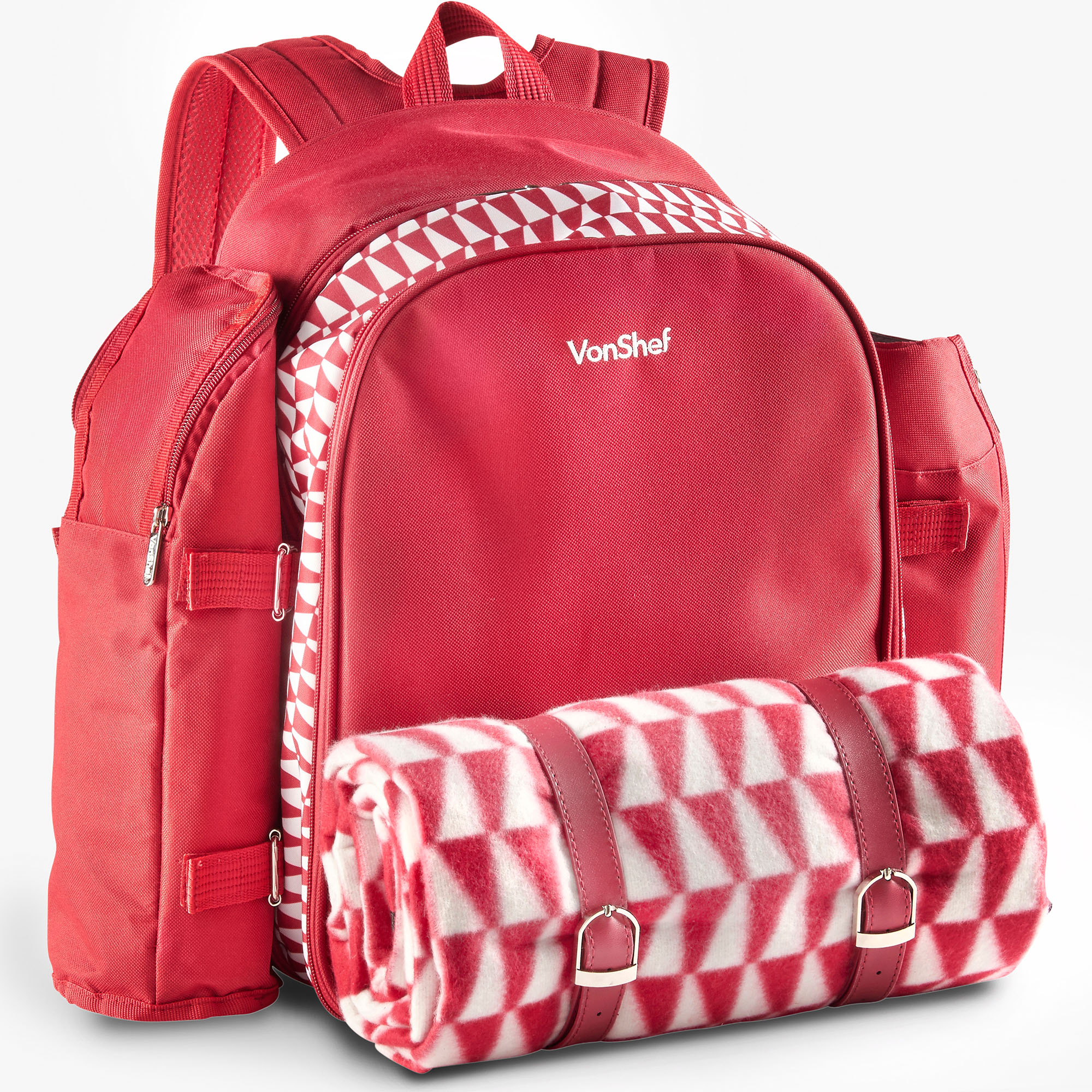 Vonshef 4 Person Modern Geo Red Picnic Backpack With Blanket Cooler