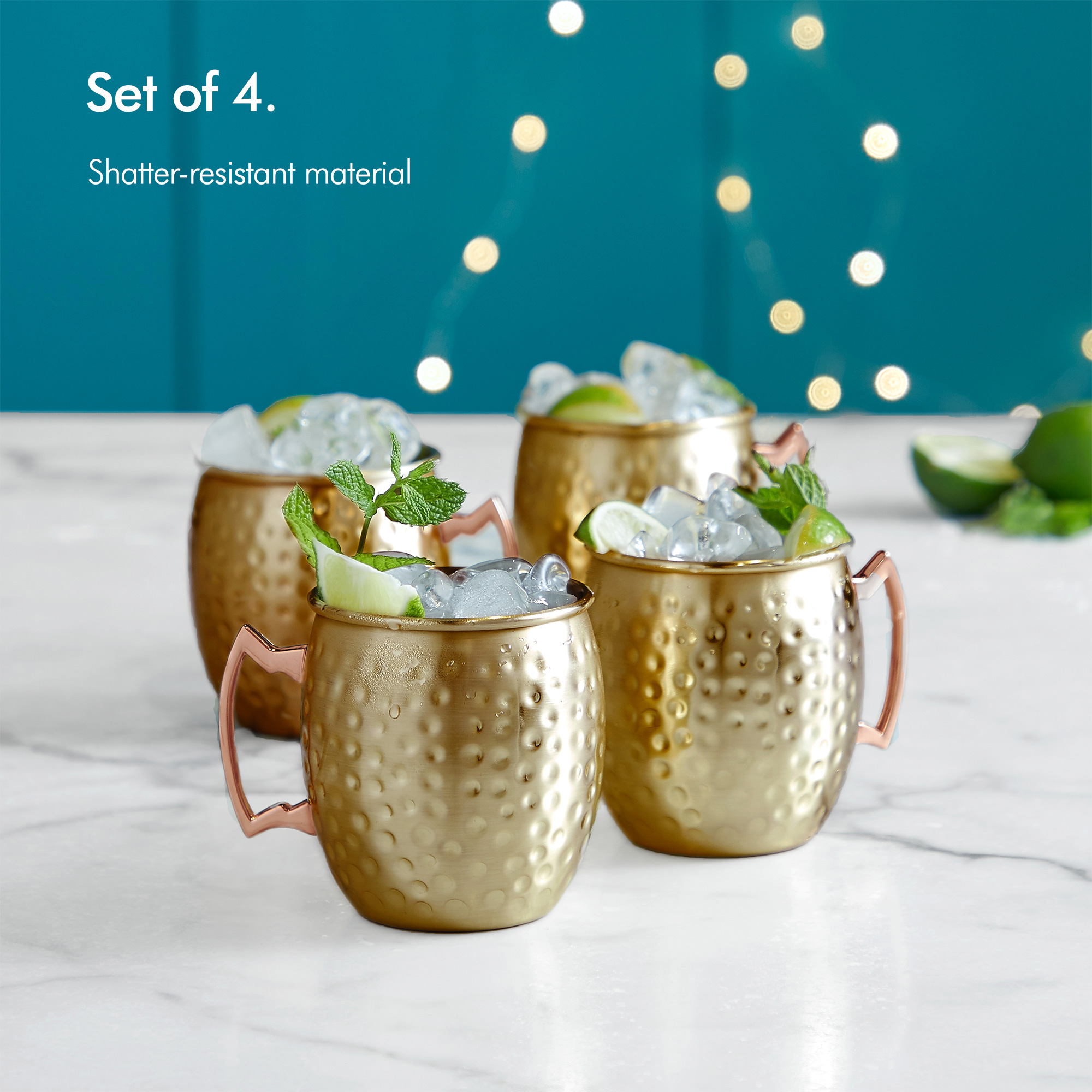 VonShef Set of 4 Barrel Style Gold Moscow Mule Mugs Hammered Style with Gift Box 5056115715389