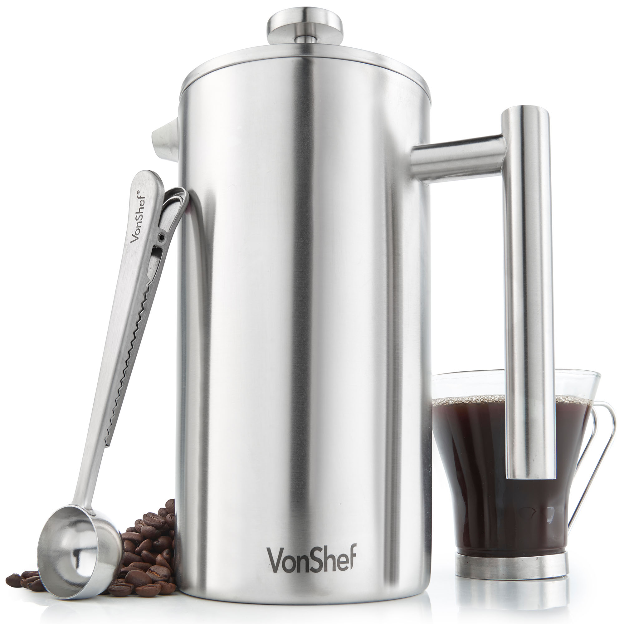 VonShef 12 Cup French Press Double Walled Stainless Steel Cafetiere Coffee Maker 5056115718953
