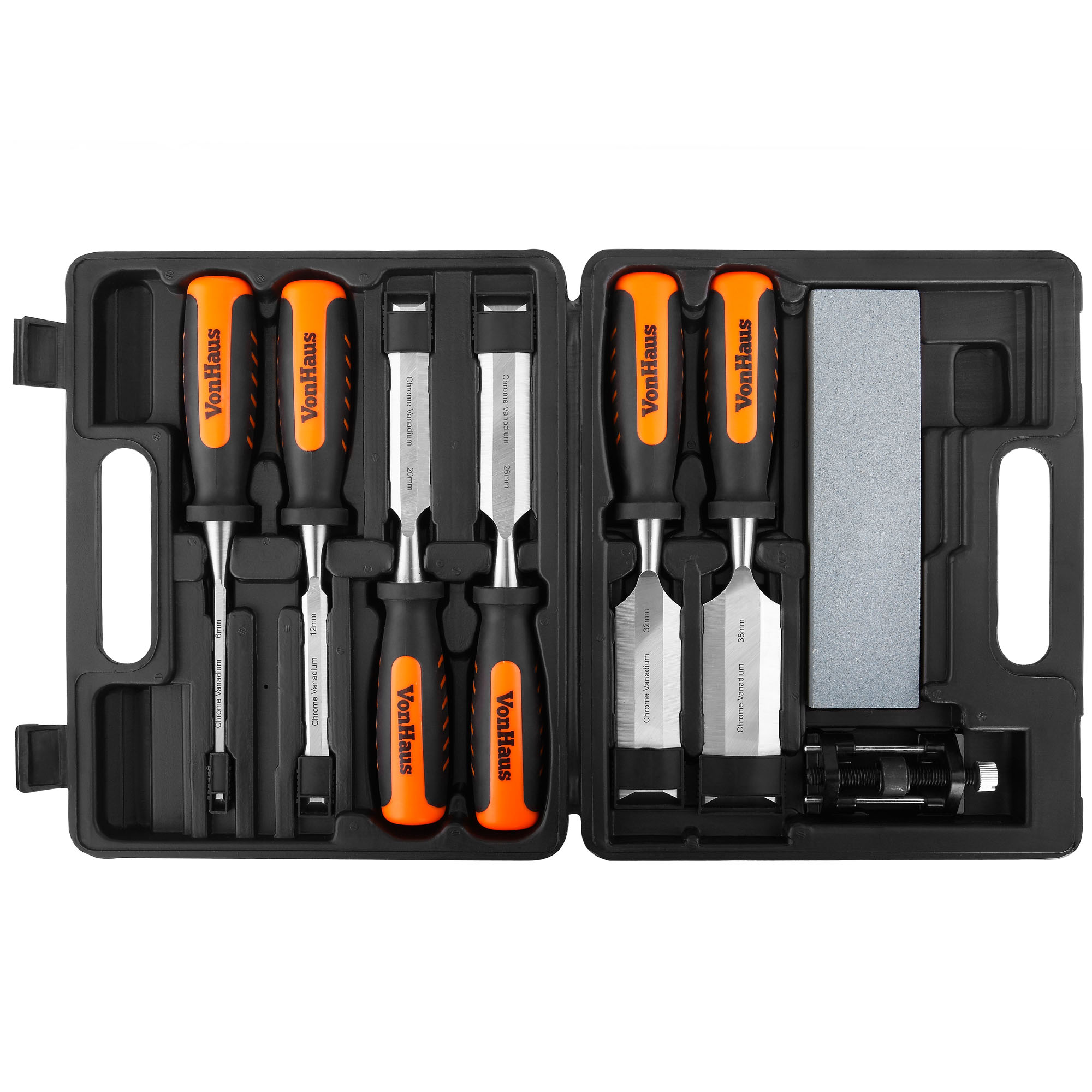 VonHaus 8 Piece Wood Chisel Set with Honing Guide, Sharpening Stone