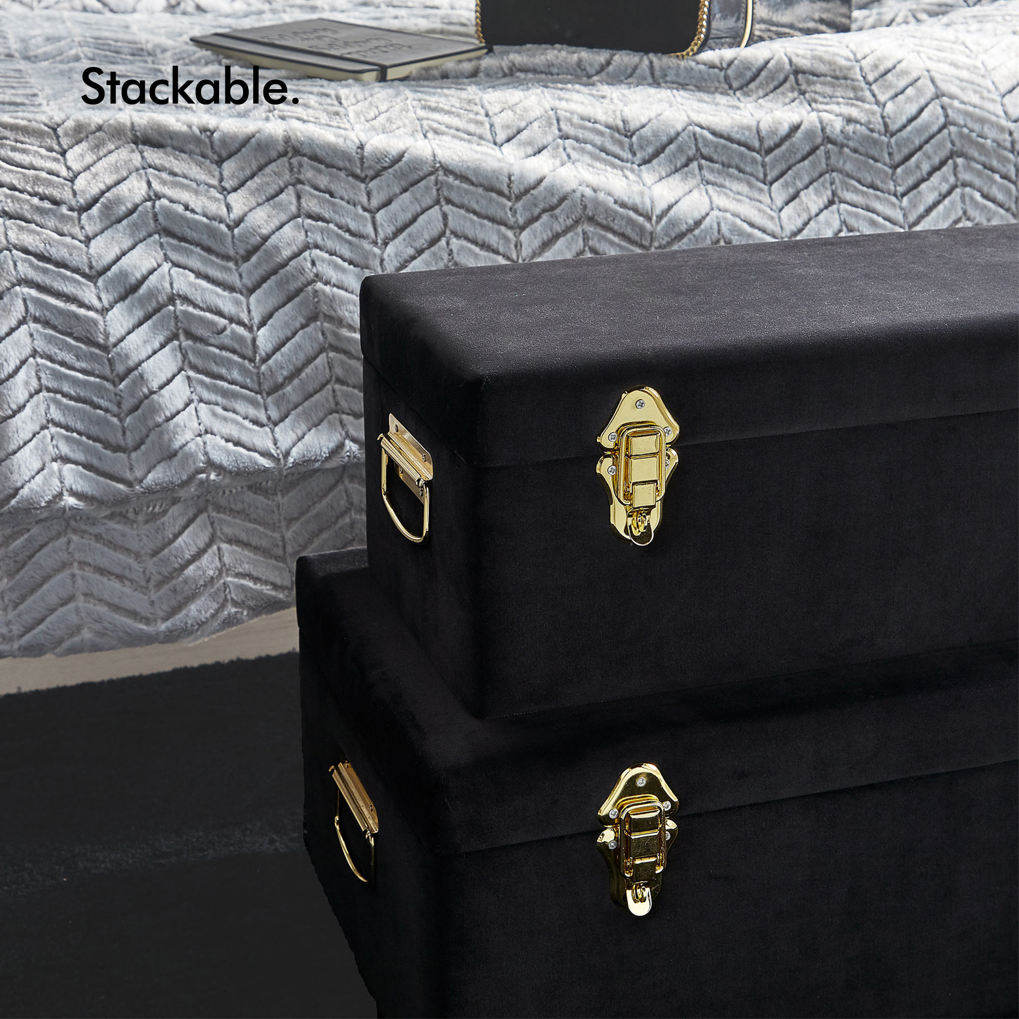 Beautify Large Black Velvet Storage Trunk Chest Set College Bedroom Footlocker eBay
