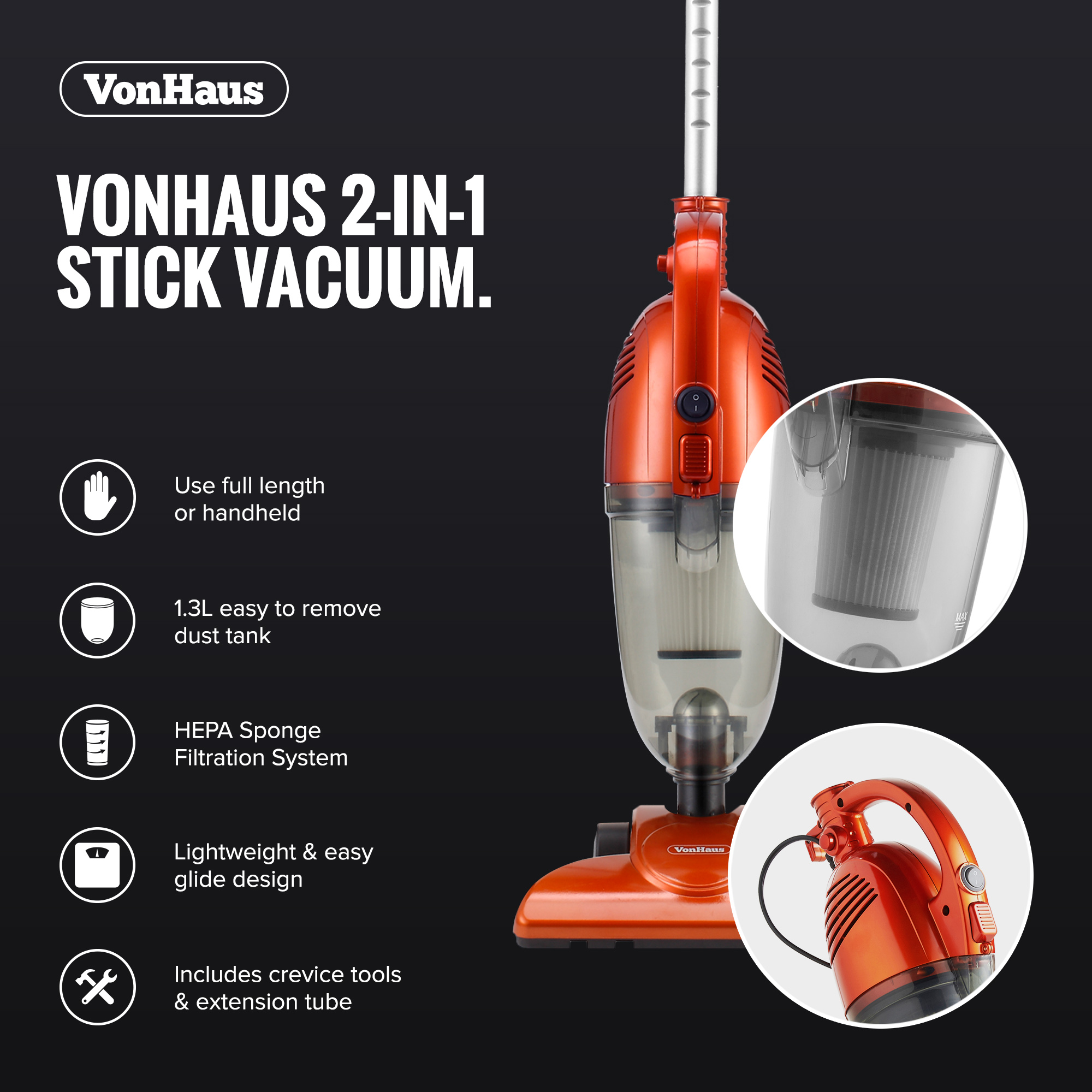 VonHaus 600W 2 in 1 Stick & Handheld Vacuum Cleaner Corded Lightweight