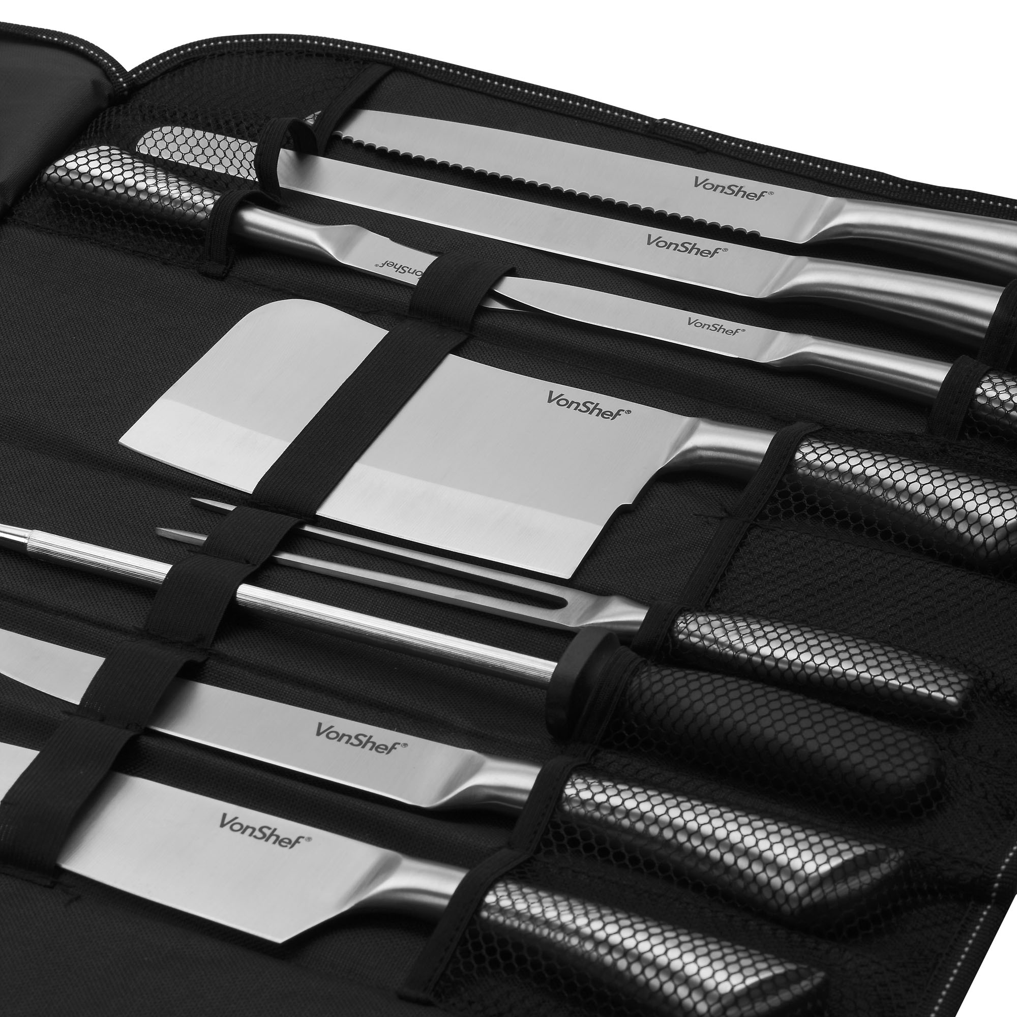VonShef 9pc Assorted Kitchen Knife Wrap Set & Zip Up Carry Case
