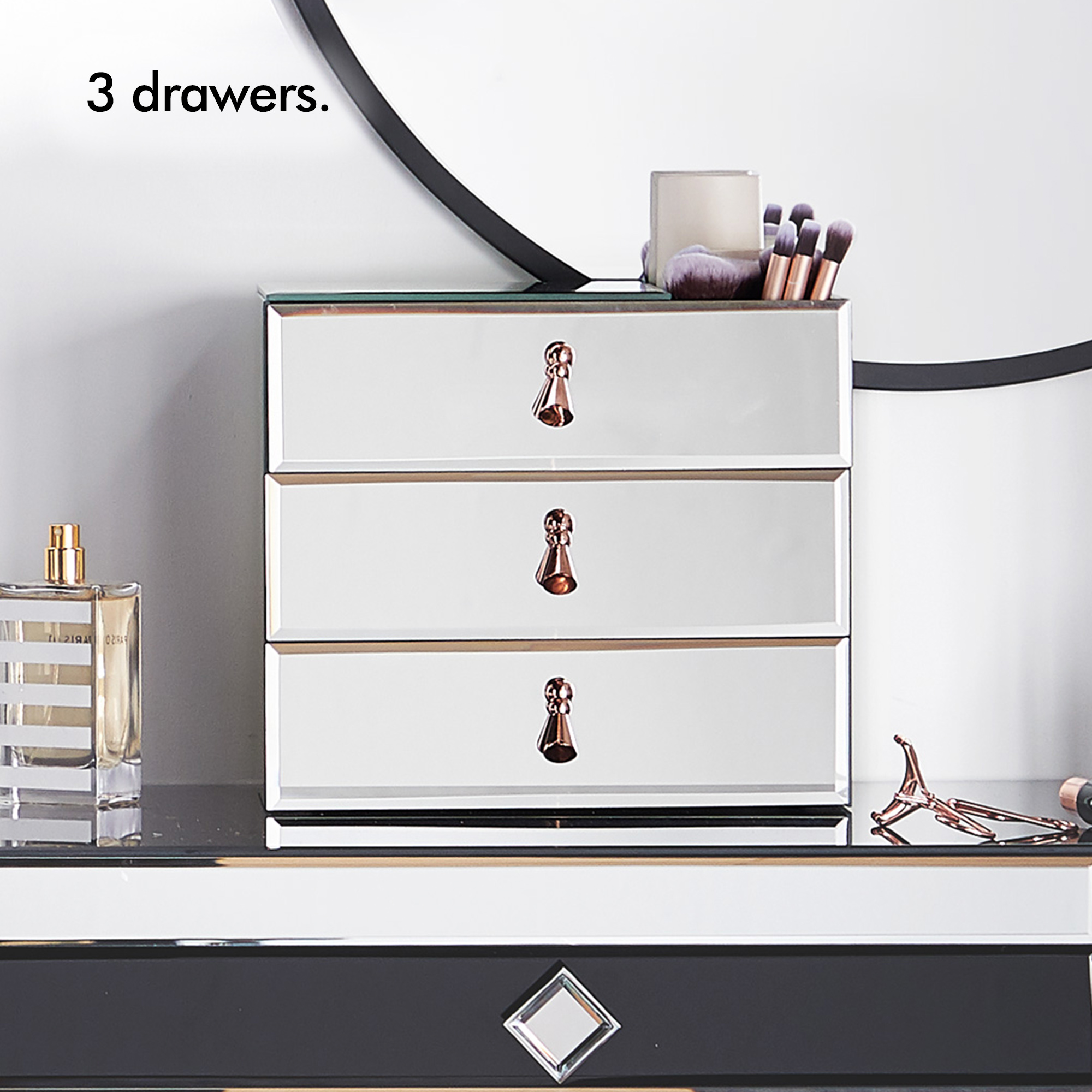 Beautify Large Mirrored Jewelry Box Cosmetic Makeup Organizer 3 Drawers