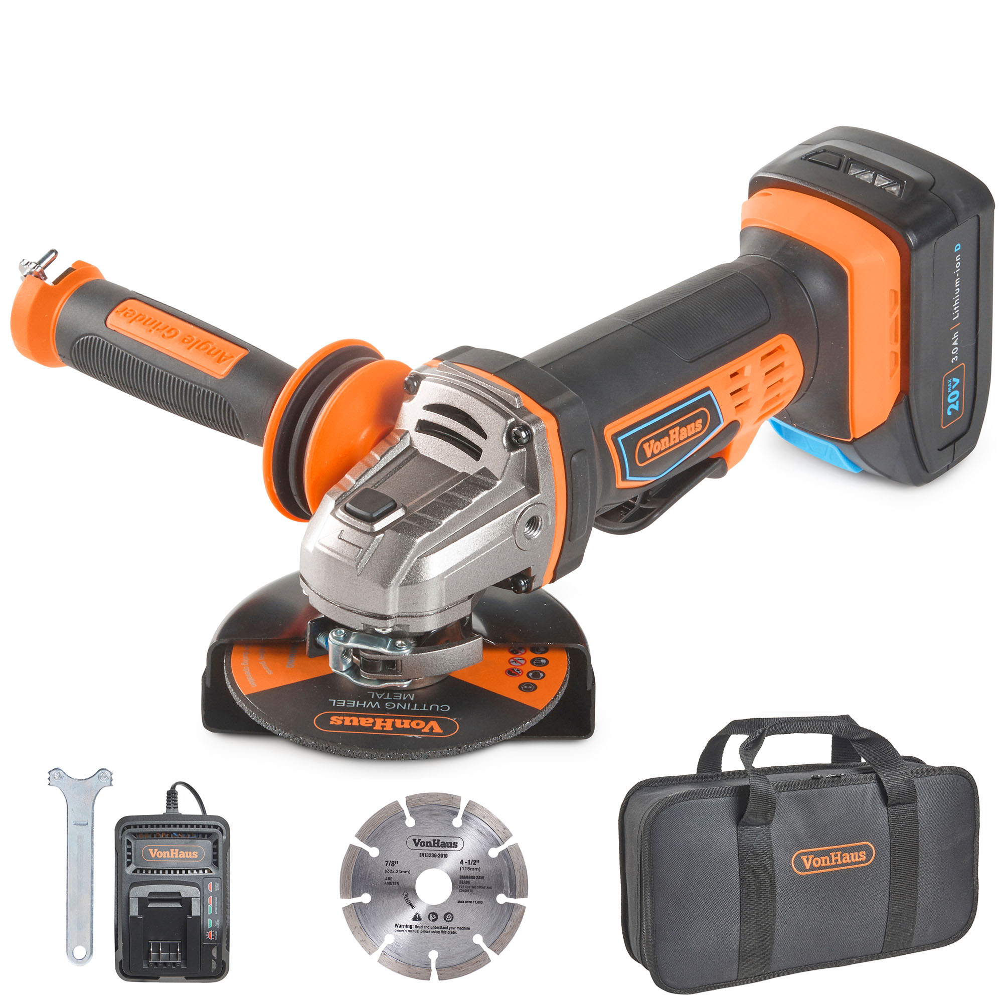 VonHaus 20V Cordless 4-1/2” Angle Grinder with 2x Blades, Battery ...