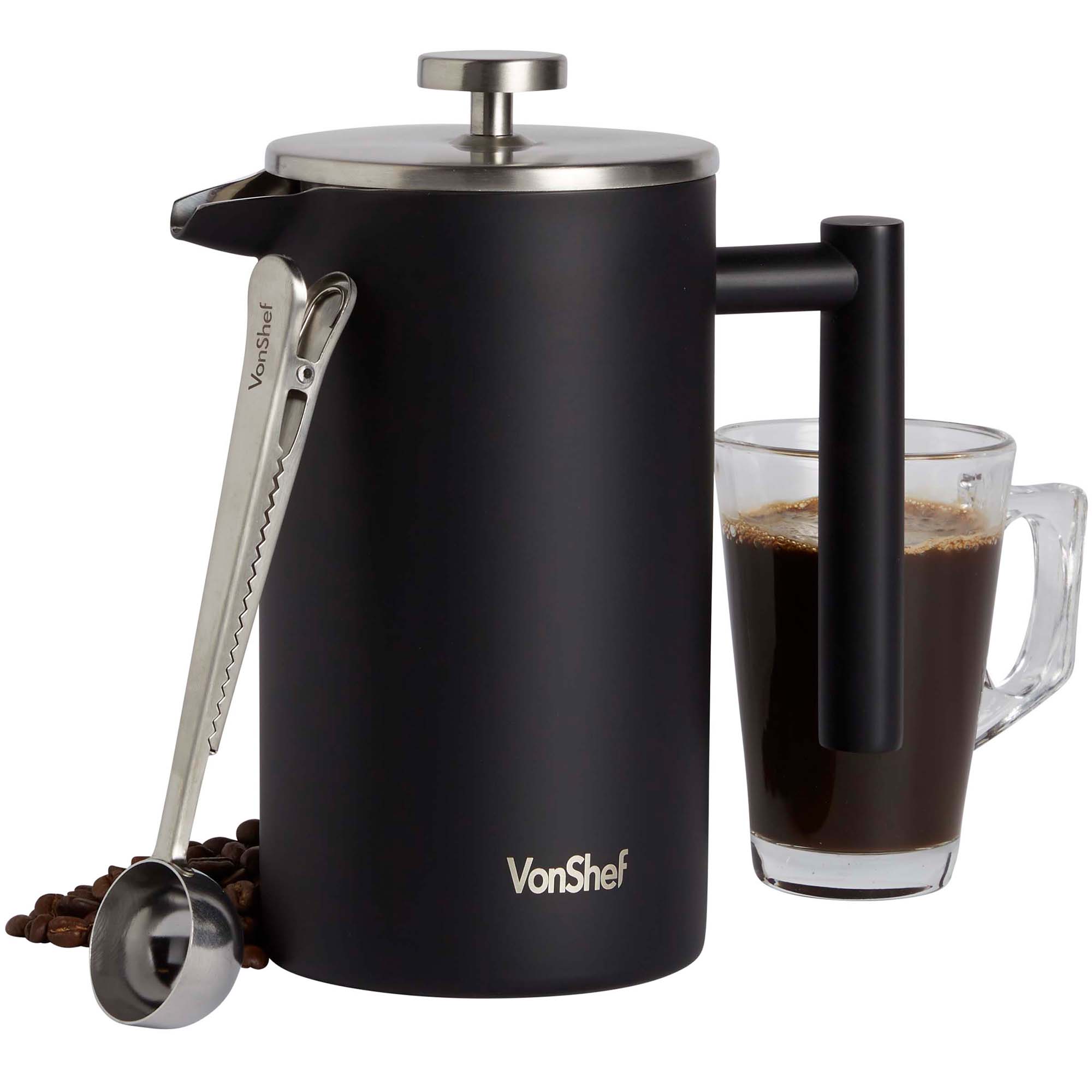 VonShef 34oz 8 Cup Stainless Steel French Press Cafetiere & 2in1 Coffee
