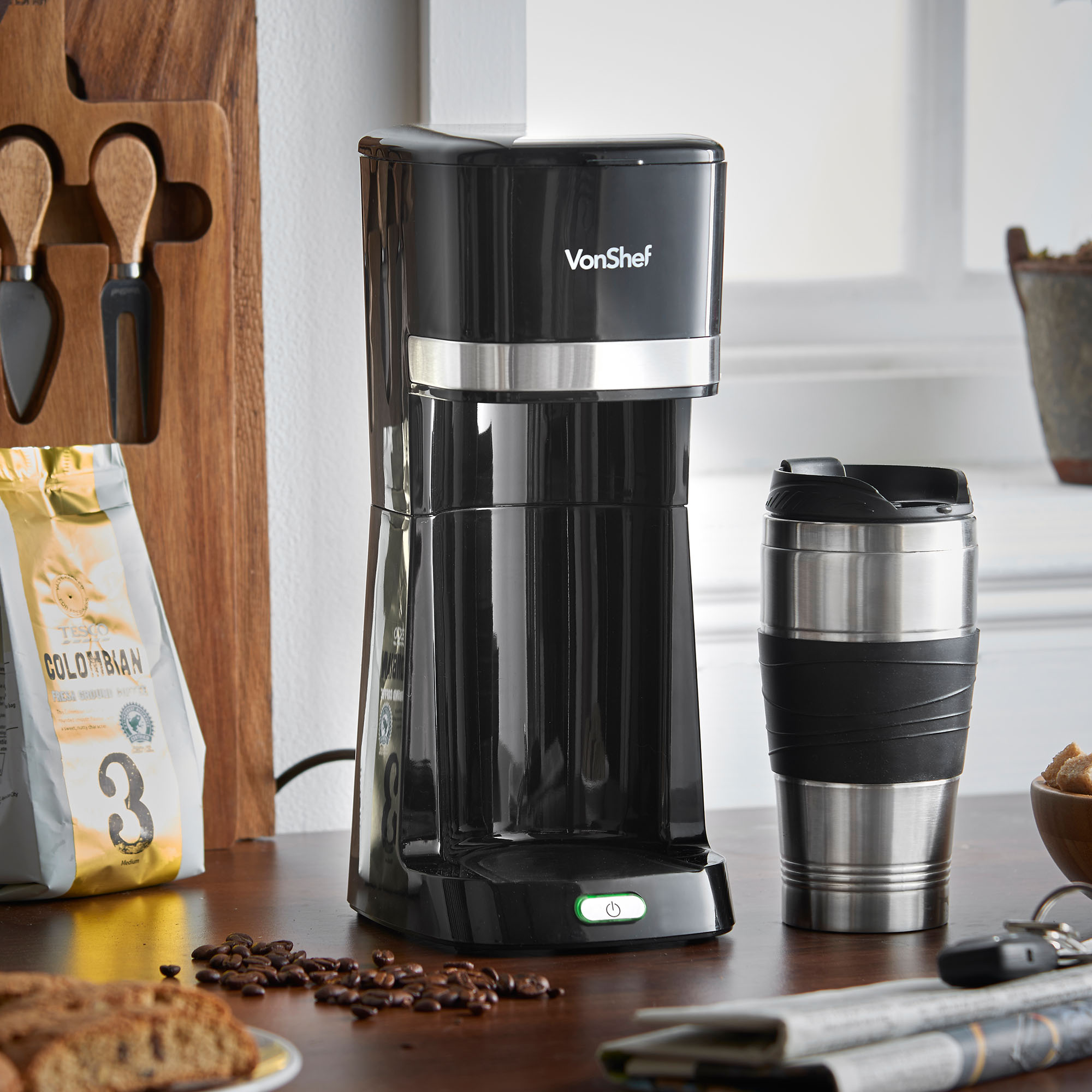 VonShef One Cup Personal Coffee Maker Single Serve Black 14oz 650W