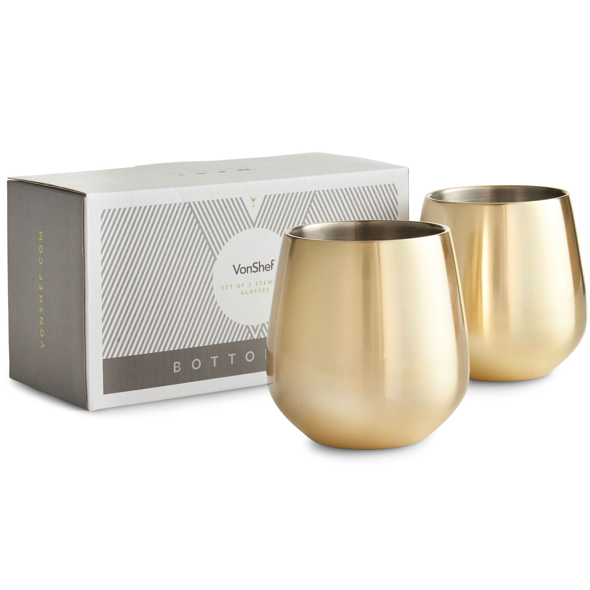 VonShef Stemless Gold Stainless Steel Wine Glass Set of 2 Double Walled