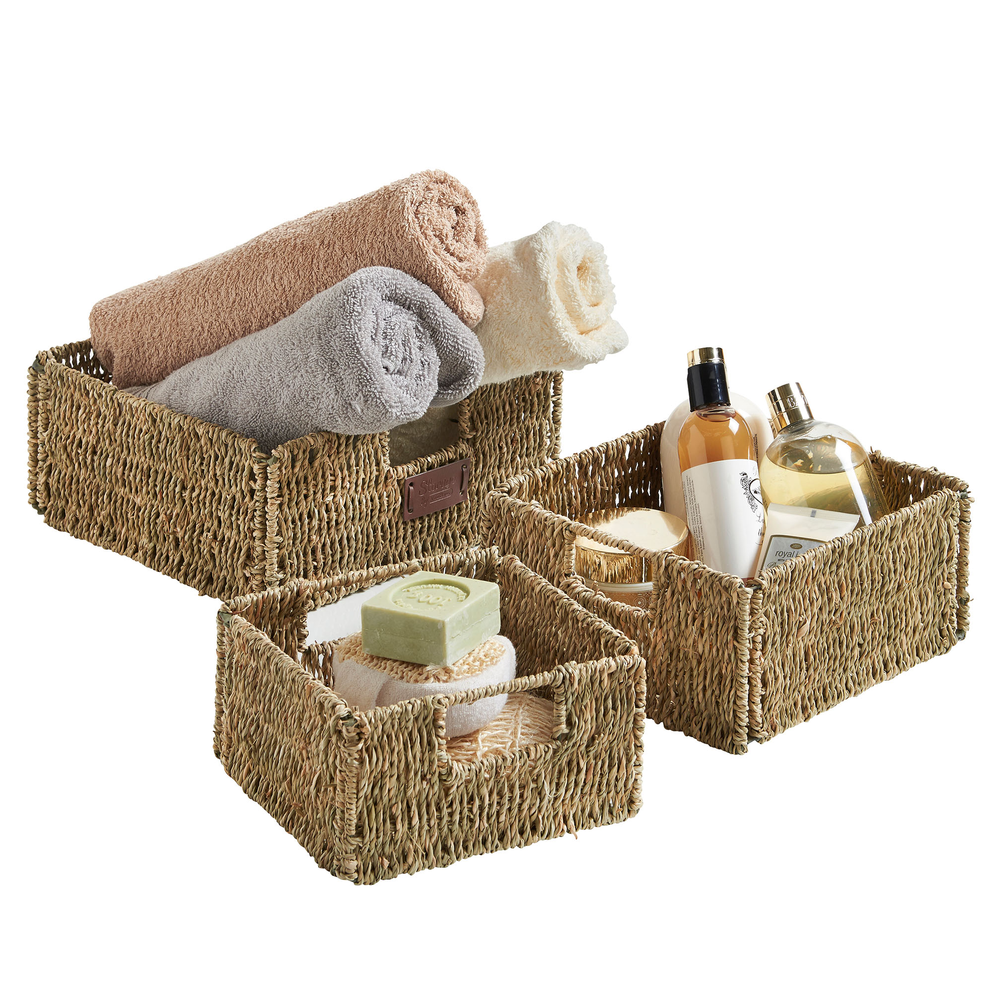 VonHaus Set of 3 Square Seagrass Storage Organizer Baskets with Insert