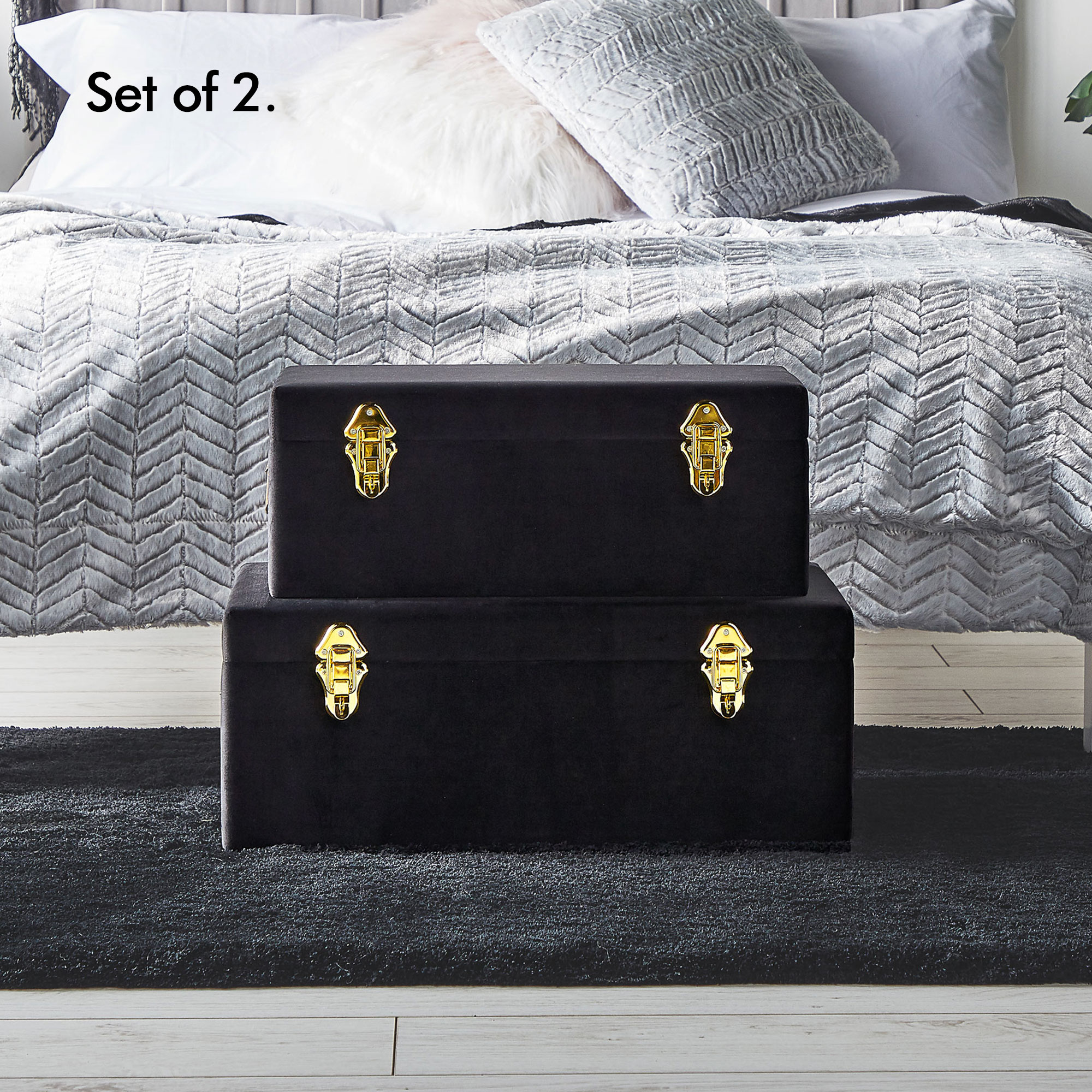 Beautify Large Black Velvet Storage Trunk Chest Set College Bedroom Footlocker eBay