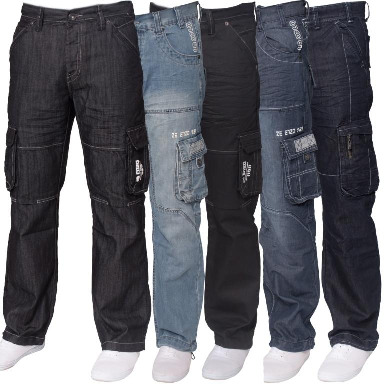 New ENZO Mens Designer Cargo Combat Blue Coated Denim Jeans Pants All ...