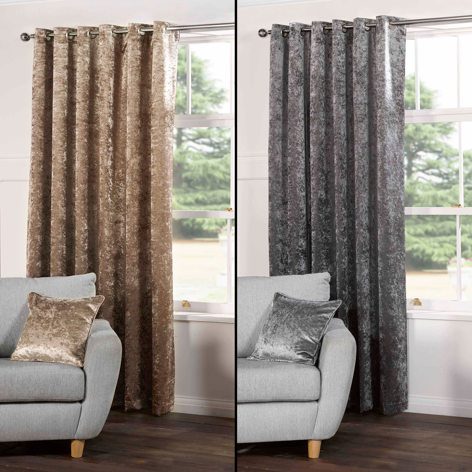 Pair Of Crushed Velvet Fully Lined Eyelet Curtains Silver Grey Champagne Gold Ebay