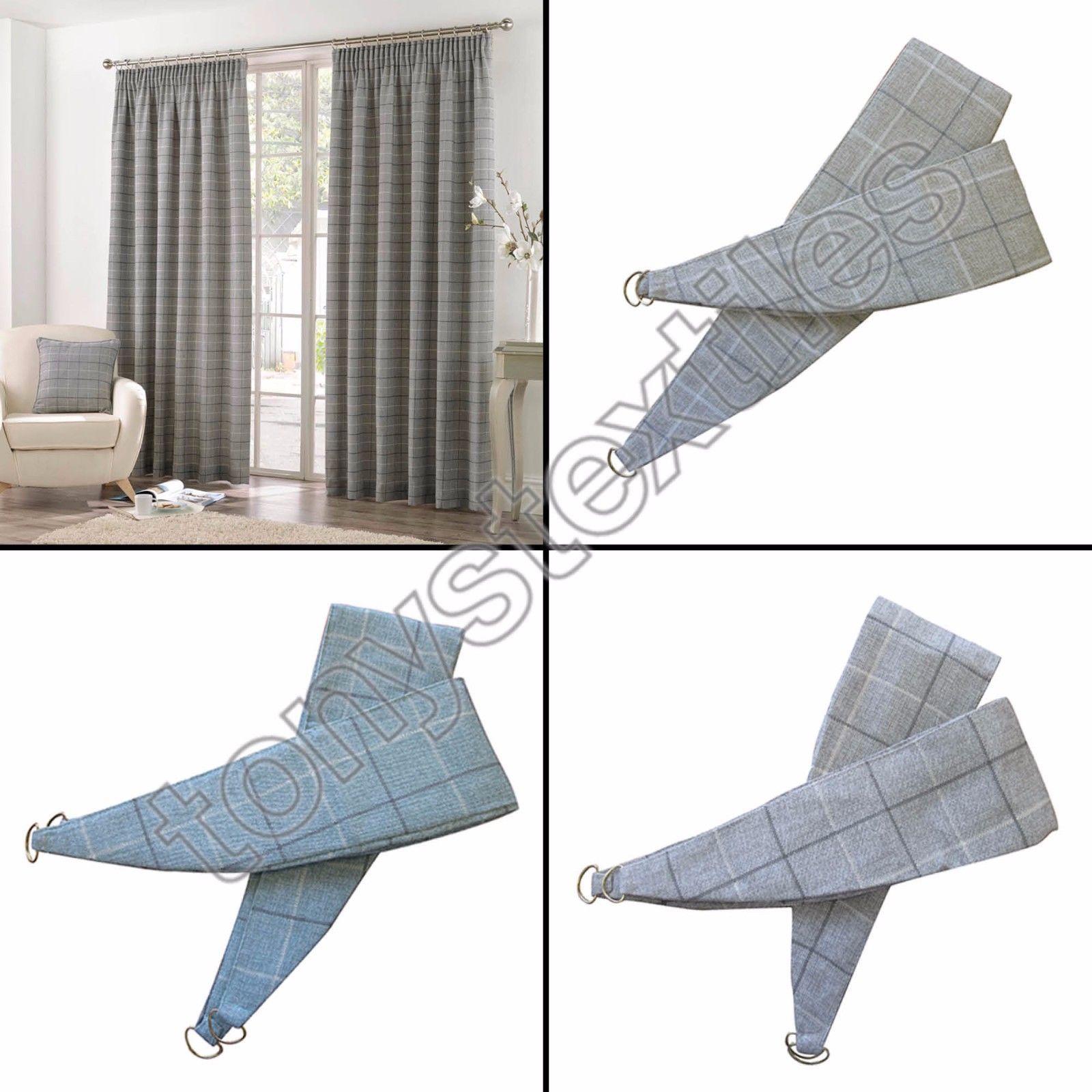 Burton Check Pair Of Tiebacks To Match Curtains Charcoal Grey Duck