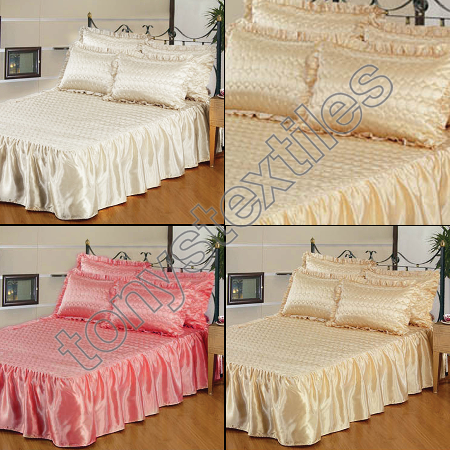 QUILTED SATIN BEDSPREAD BED THROW PILLOWCASE SINGLE DOUBLE KING GOLD ...