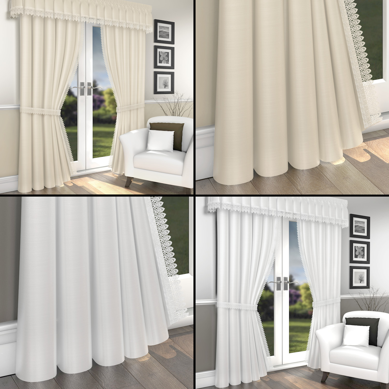 Macrame Lace Lined Voile Ready Made Curtains Pencil Pleat Tape Top