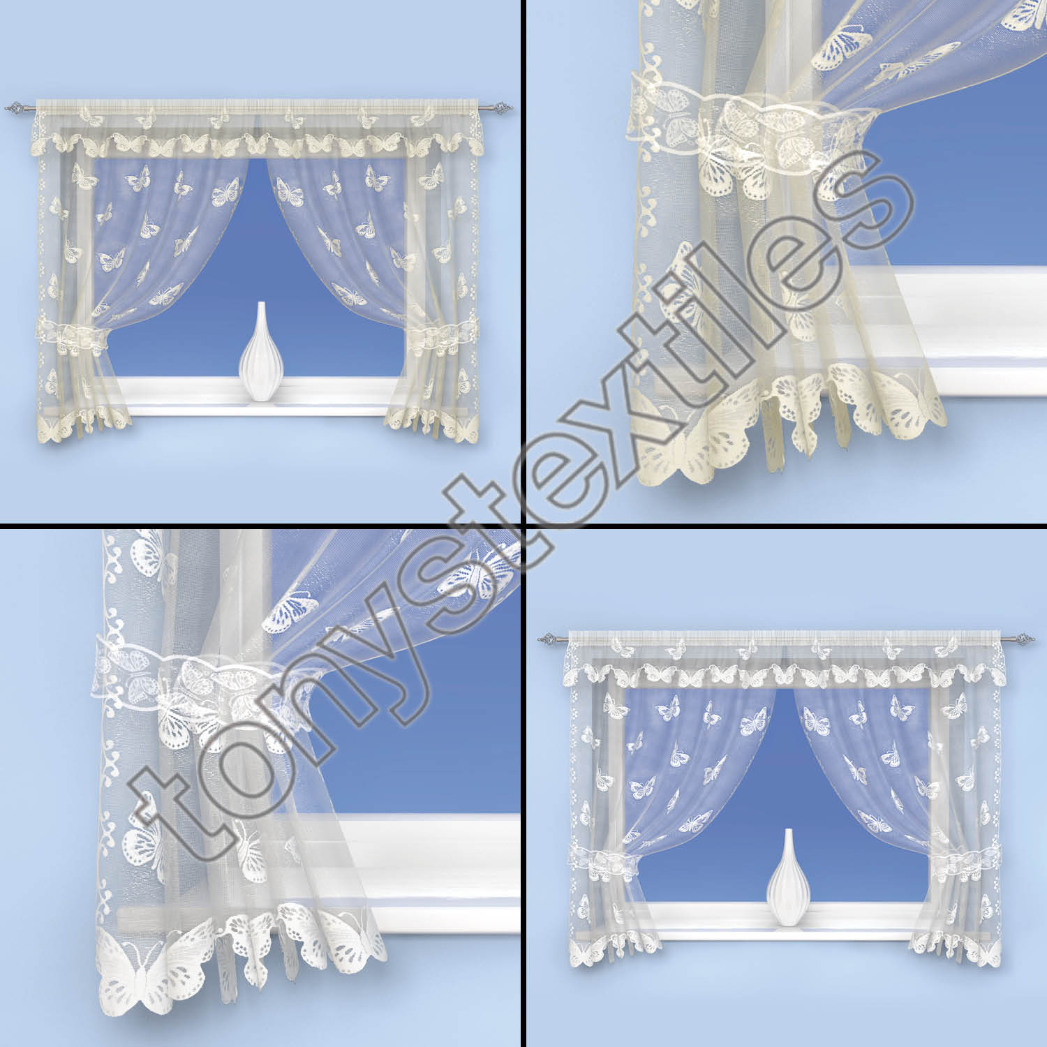 Luxury Butterfly Lace Net Curtain Window Set In Ivory /& White Tiebacks Included